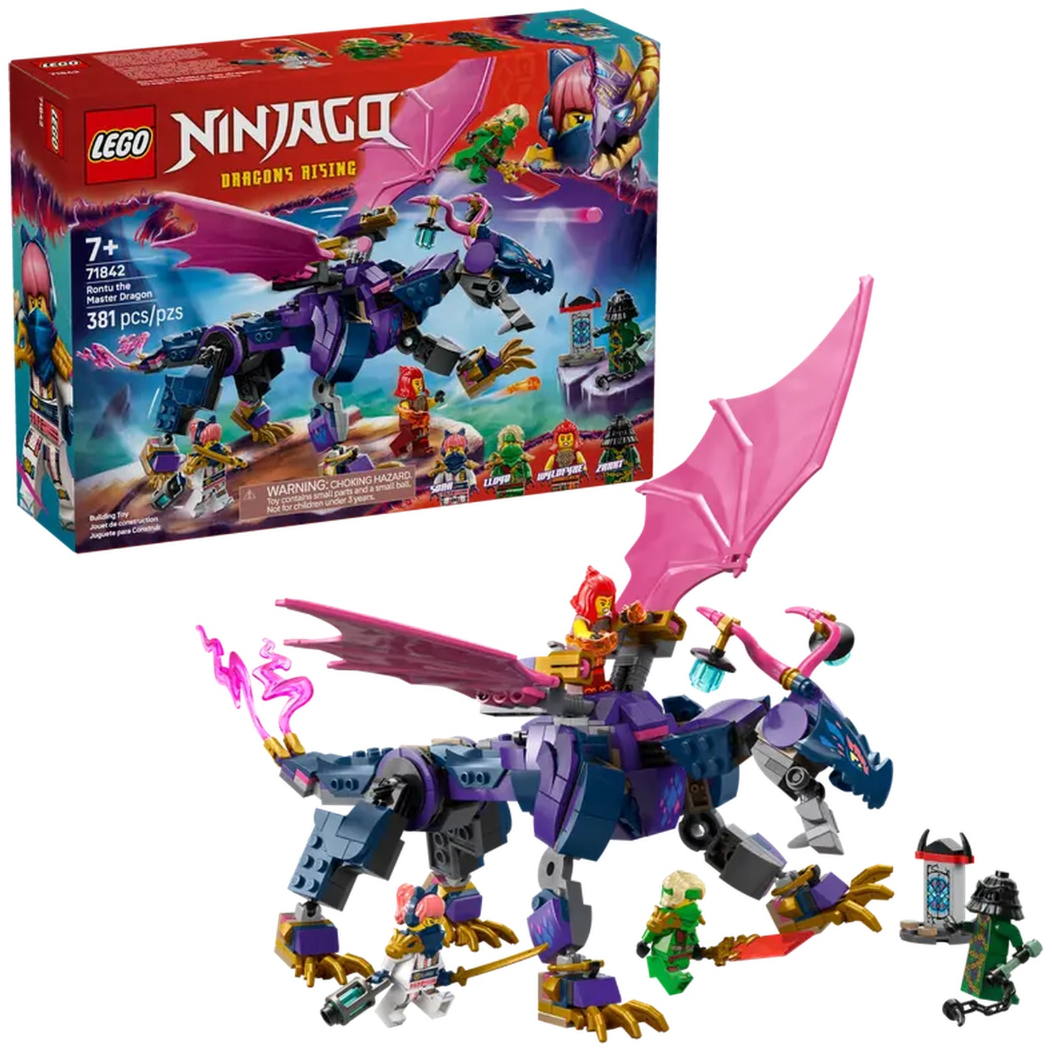 Lego Ninjago set met een paarse en blauwe draak met roze vleugels en verschillende minifiguren. De doos is zichtbaar op de achtergrond.