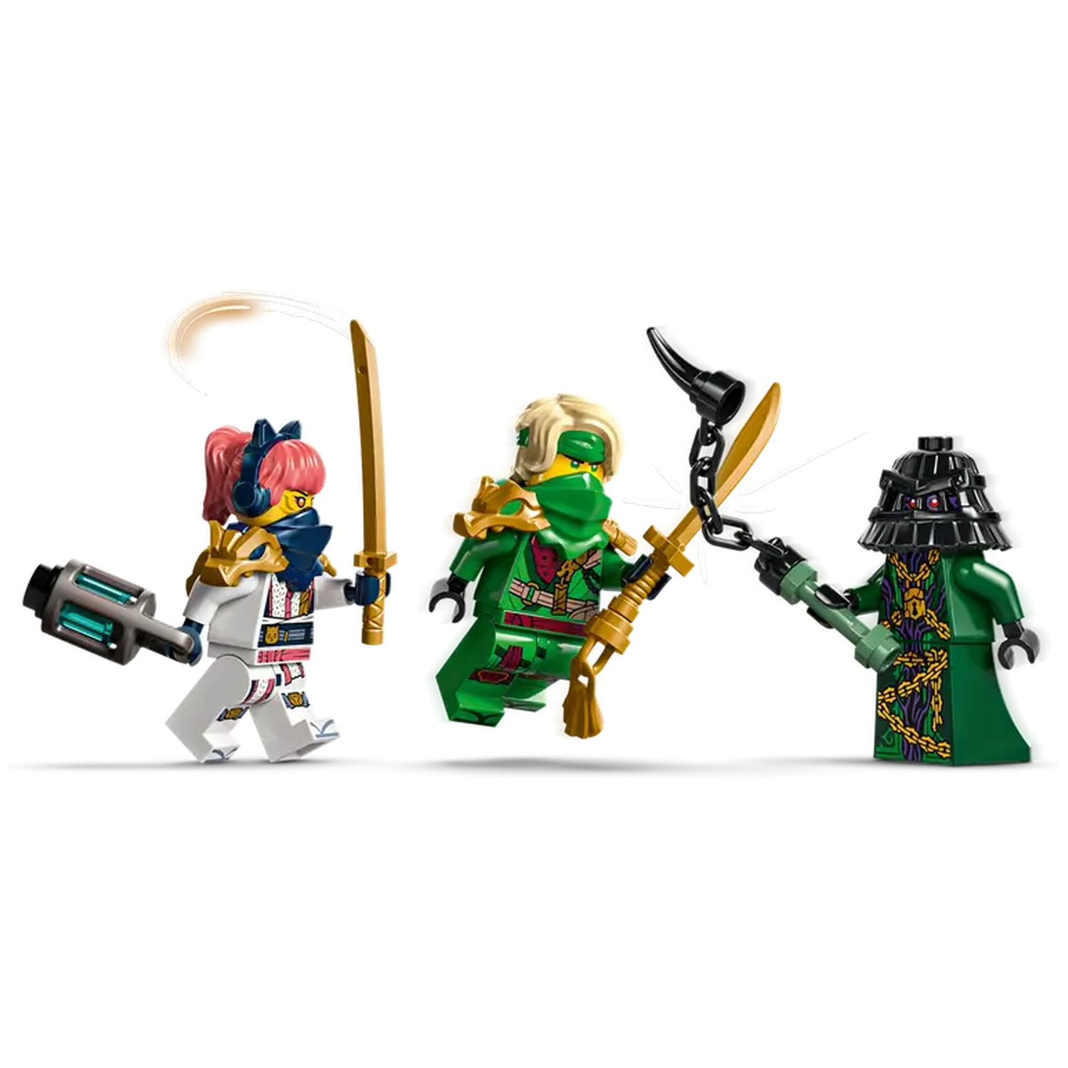 Drie Lego Ninjago-personages met wapens: een witte ninja met hamer en zwaard, een groene ninja met een zwaard en een groene ninja met een gewaad.
