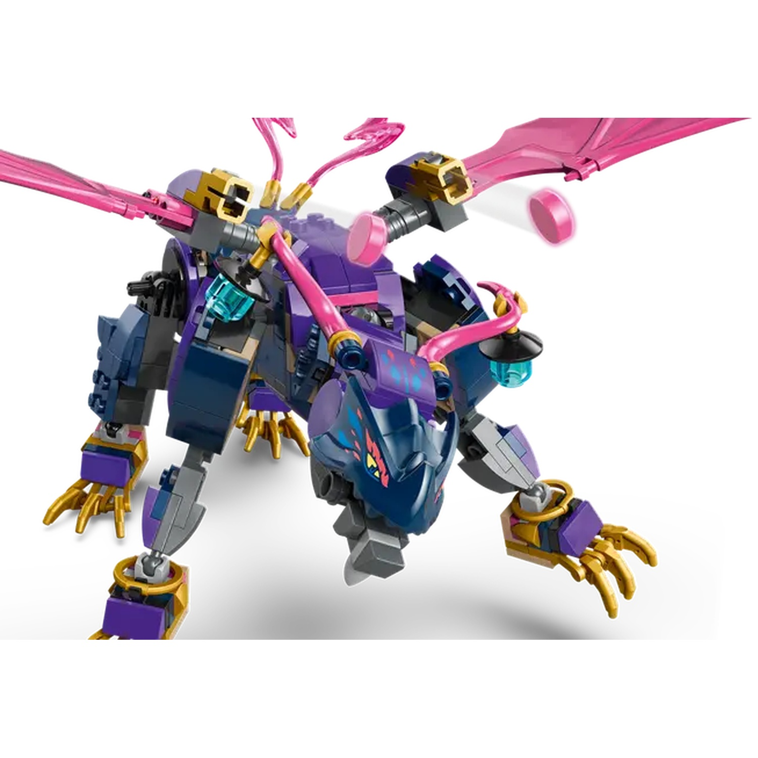 Een Lego draakspeelgoed. Het heeft een blauw, paars en goud kleurenschema met roze vleugels en details. De draak staat op een witte achtergrond.