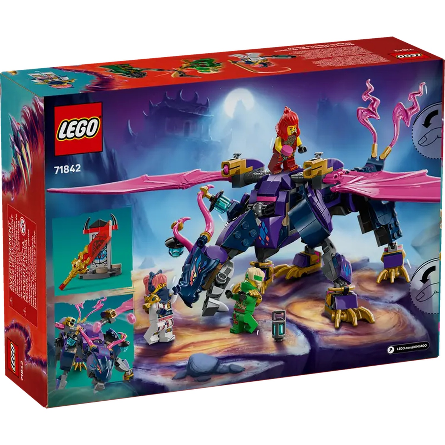 Lego doos met een draak speelgoed. Het heeft een roodharige figuur erop en verschillende figuren voor de draak.