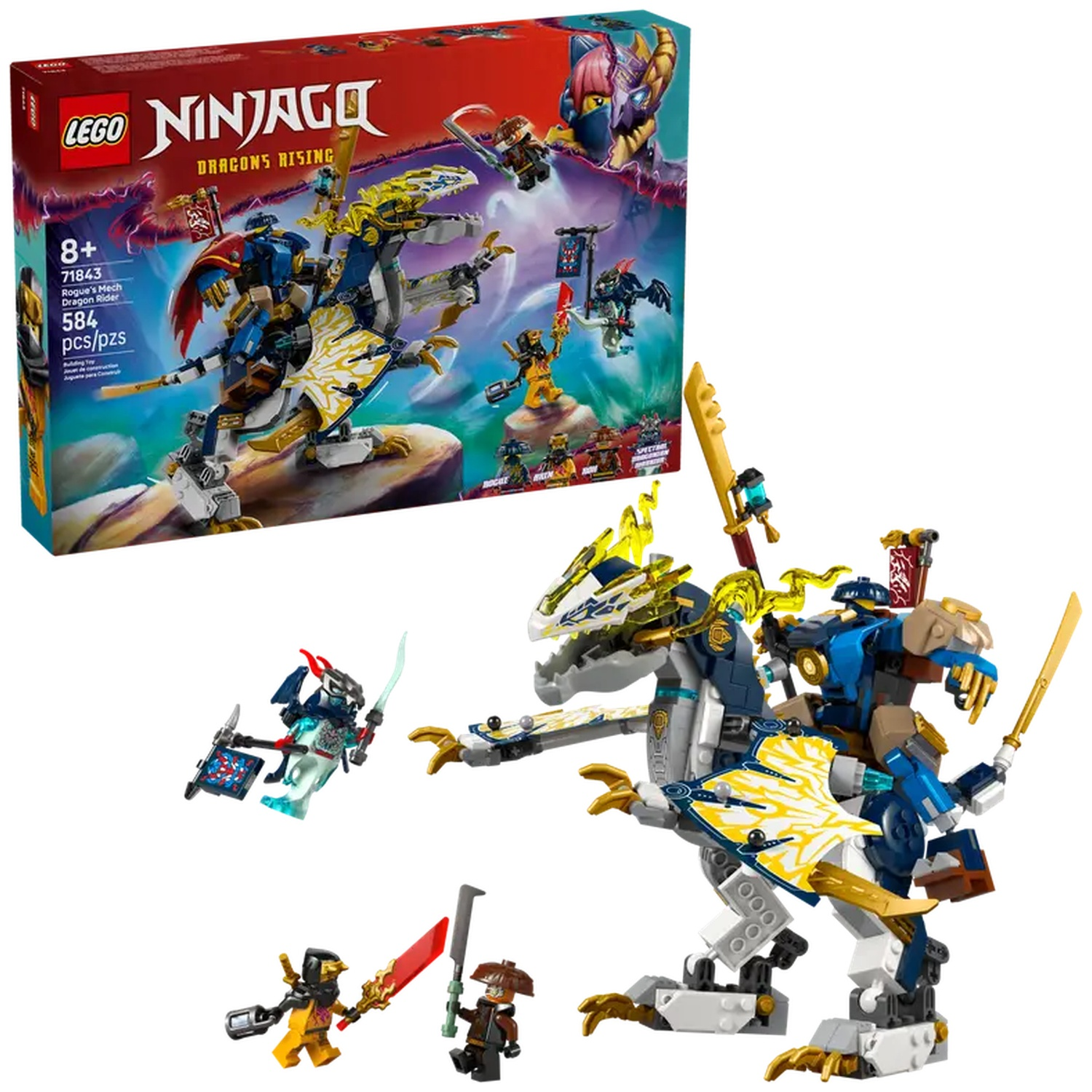 LEGO Ninjago set, Dragon Rider, featuring a dragon mech and minifigures. The box art depicts the scene with the set's name.