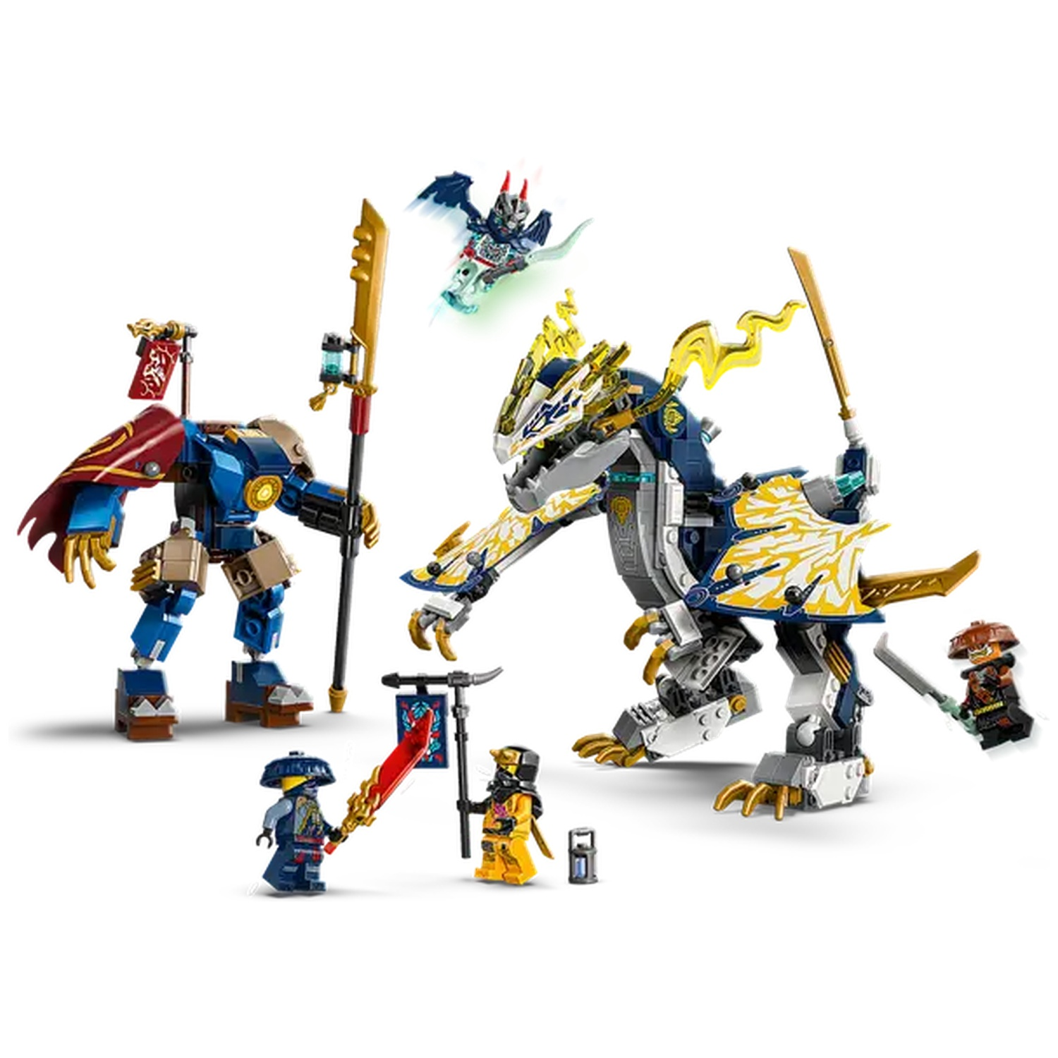 Lego Ninjago set featuring a dragon, robots, and minifigures. The dragon is white, blue and gold. Characters are in action poses.
