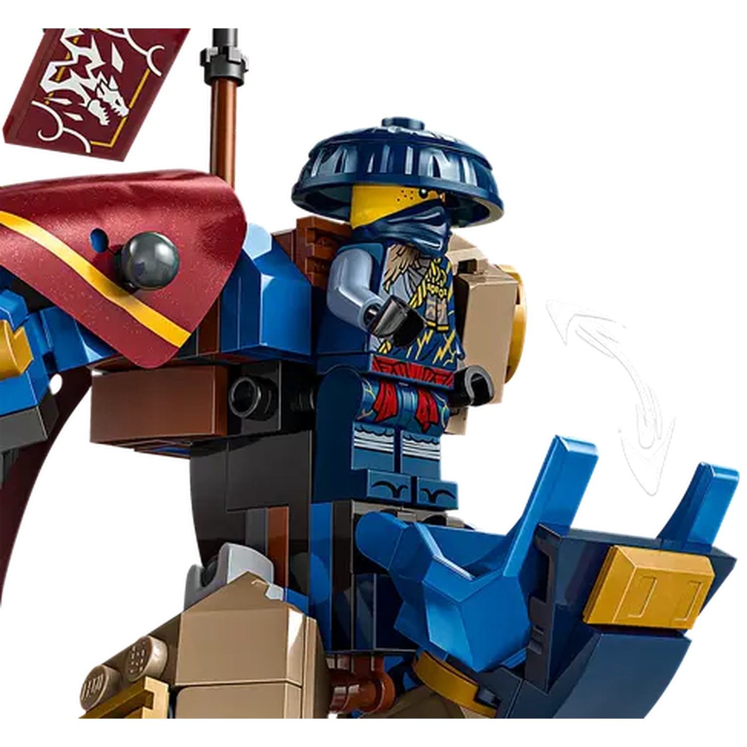 A Lego figure in a blue and red ninja outfit is riding a blue mechanical dragon. A banner with a dragon logo is visible.