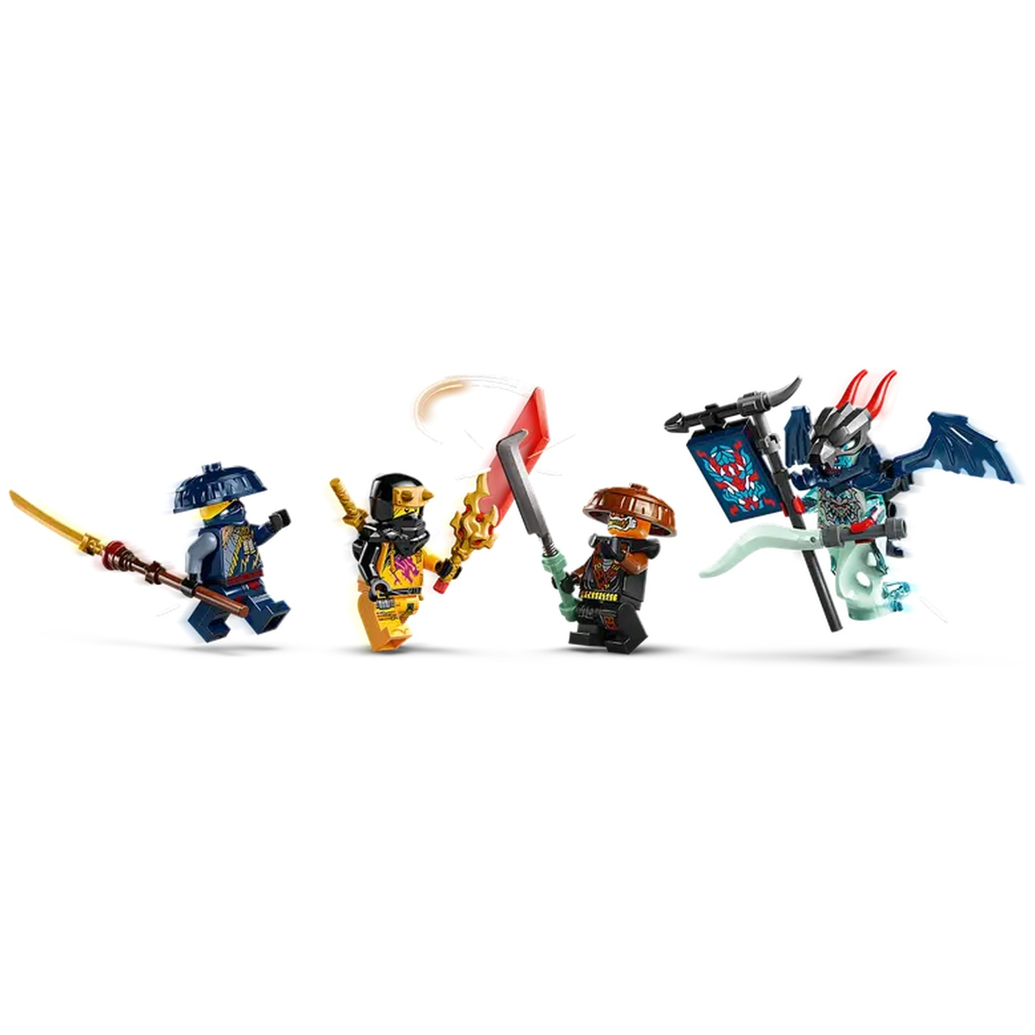 Four Lego Ninjago figures are displayed. Each figure is holding a weapon. The figures are set against a white background.