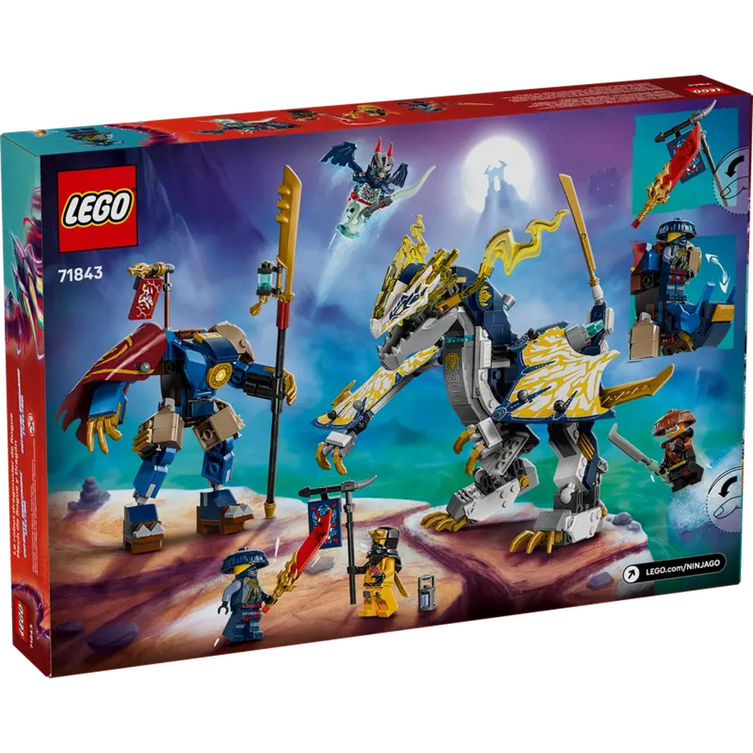 Lego Ninjago box art with a dragon and robot figures on a purple background. Several ninja figures are also included.