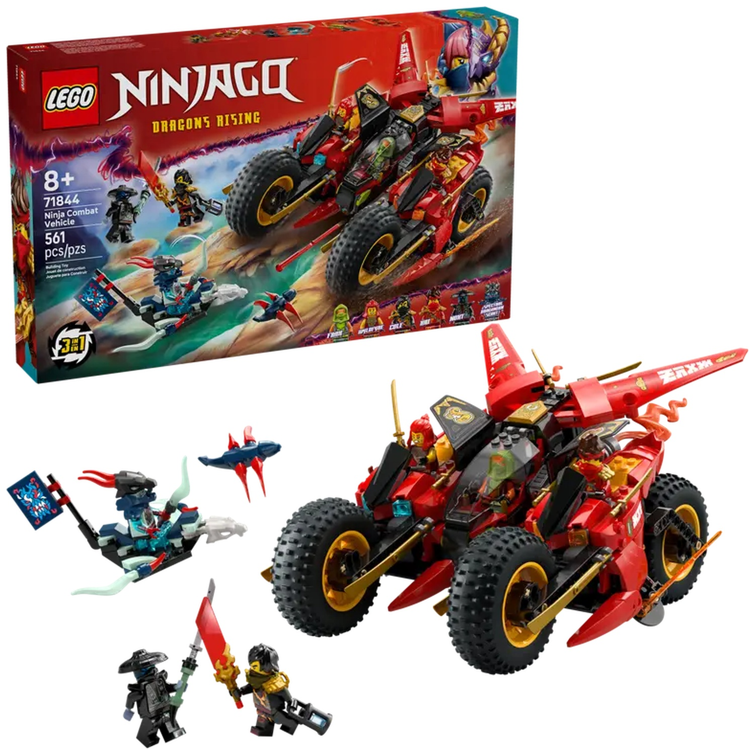 LEGO Ninjago set, red and black combat vehicle with gold wheels, box shows vehicle and minifigures. Other lego models are around.