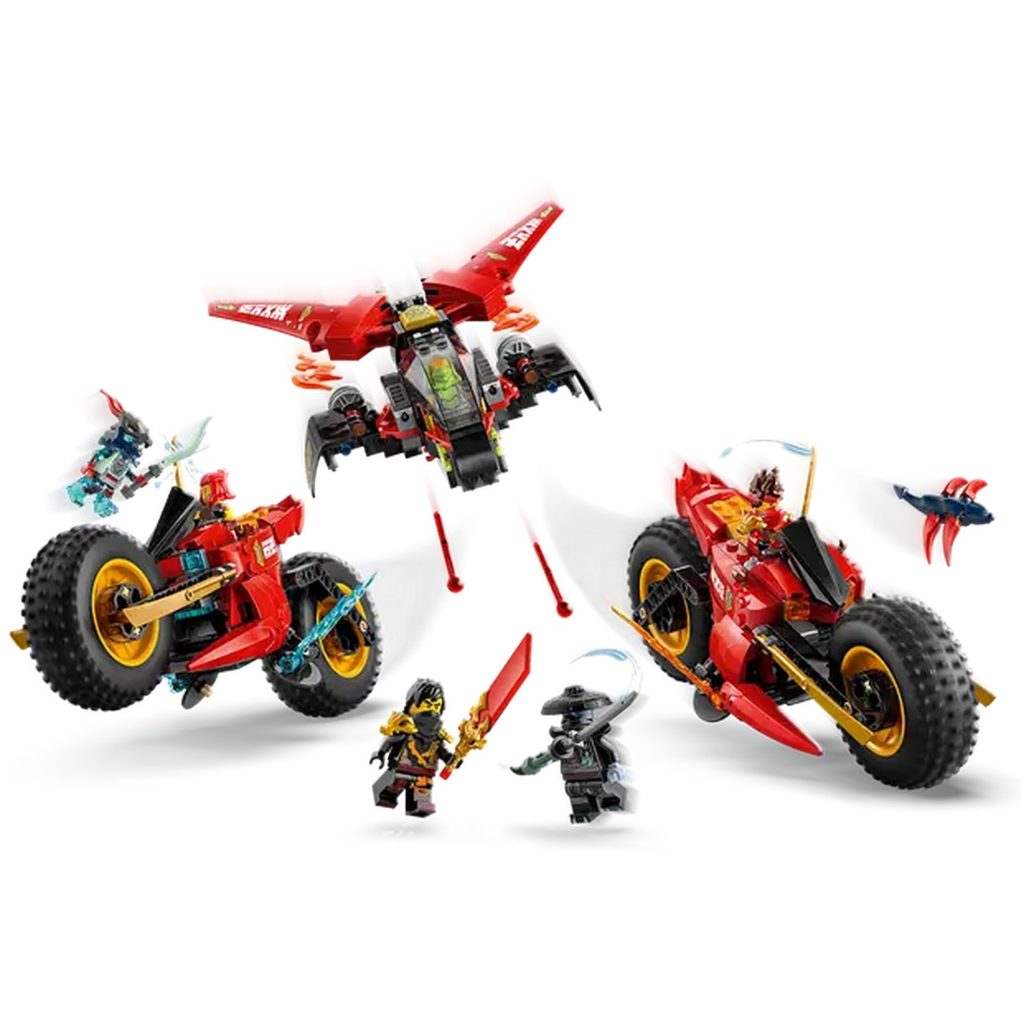 Lego Ninjago set with red motorcycles, a jet, and mini-figures. Action scene with weapons and a white background.