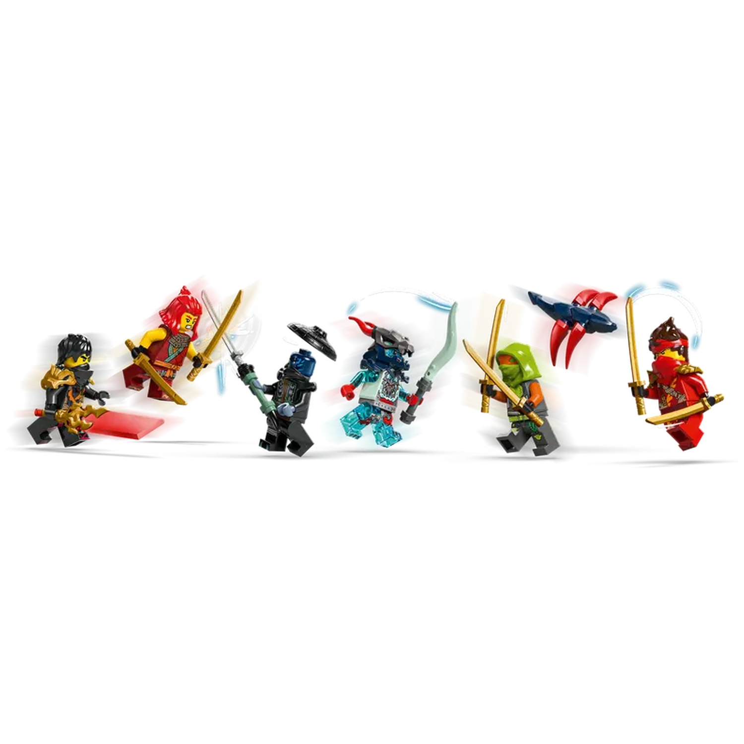Lego Ninjago figures in action. Various ninjas holding weapons, some with action effects. Red, yellow, green, and black ninjas.