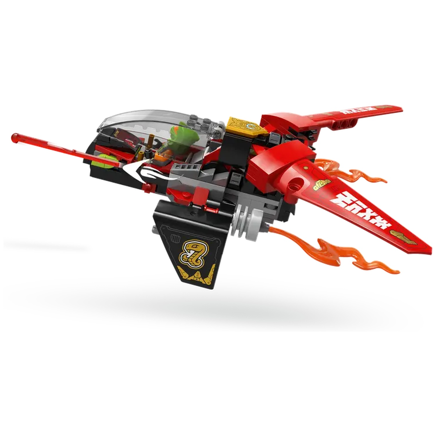 A Lego jet with red wings, black body, and orange flame accents. A green figure sits inside the cockpit. The background is white.
