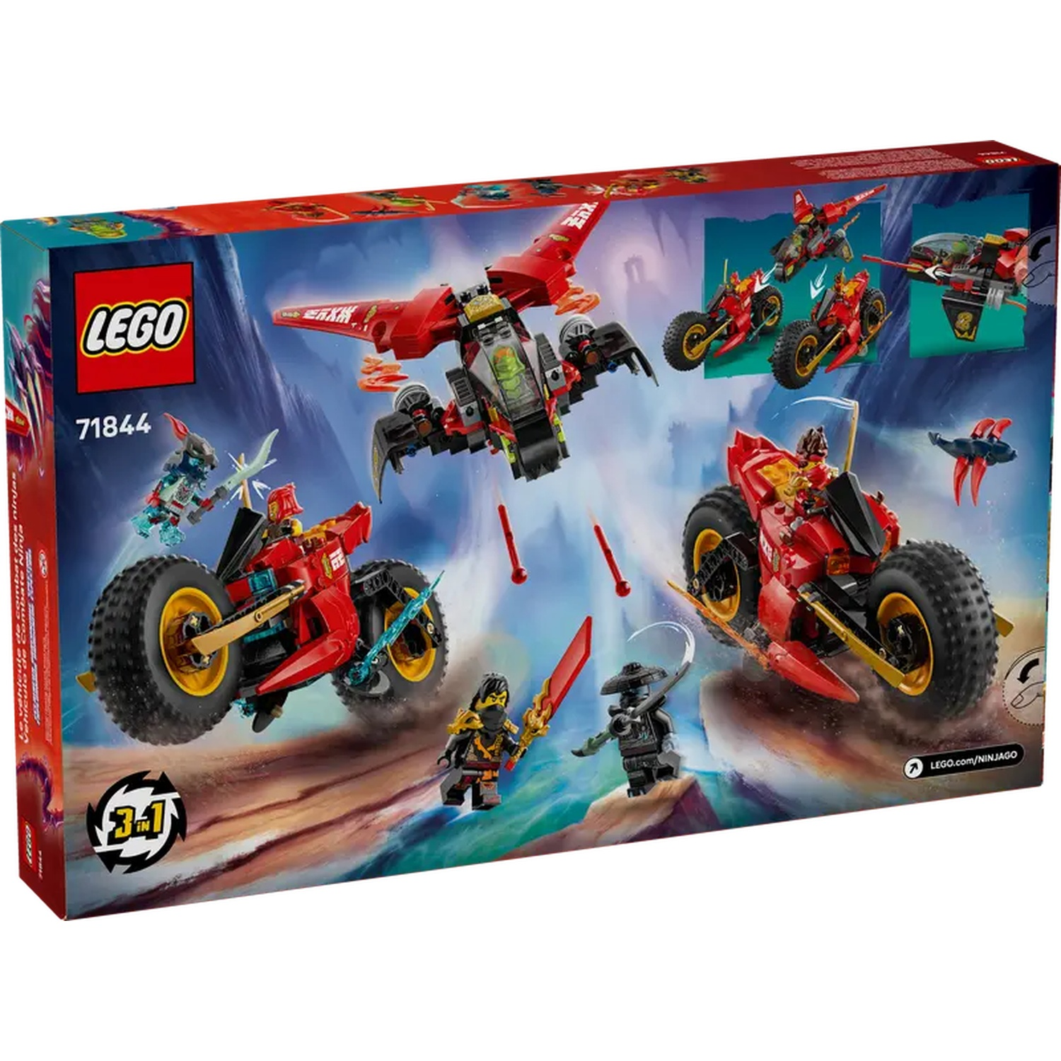 Lego Ninjago box art. Red and black vehicles and minifigures on a rocky background.