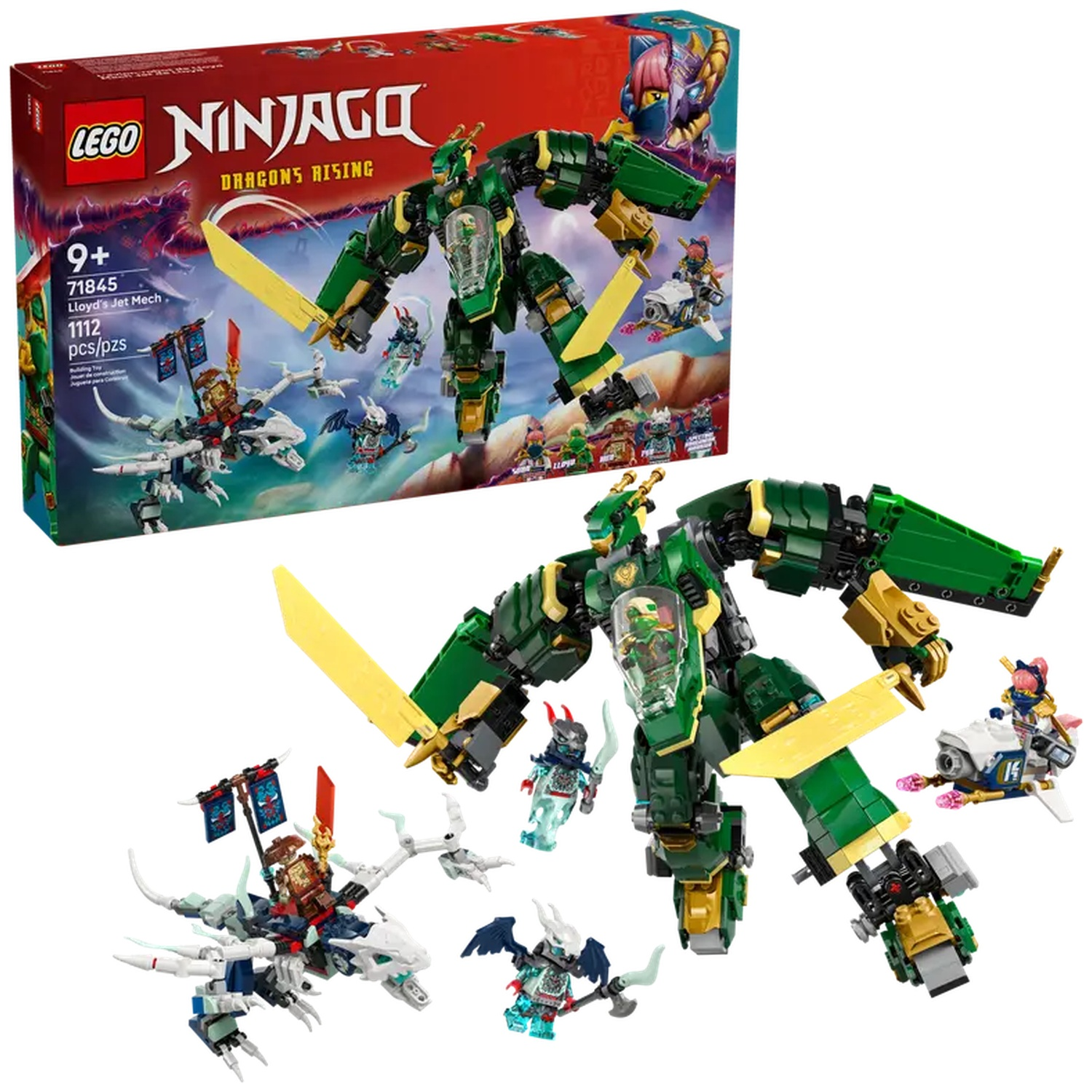 LEGO Ninjago set featuring a green mech with yellow swords, and various Ninjago figures and vehicles. Box in the background.