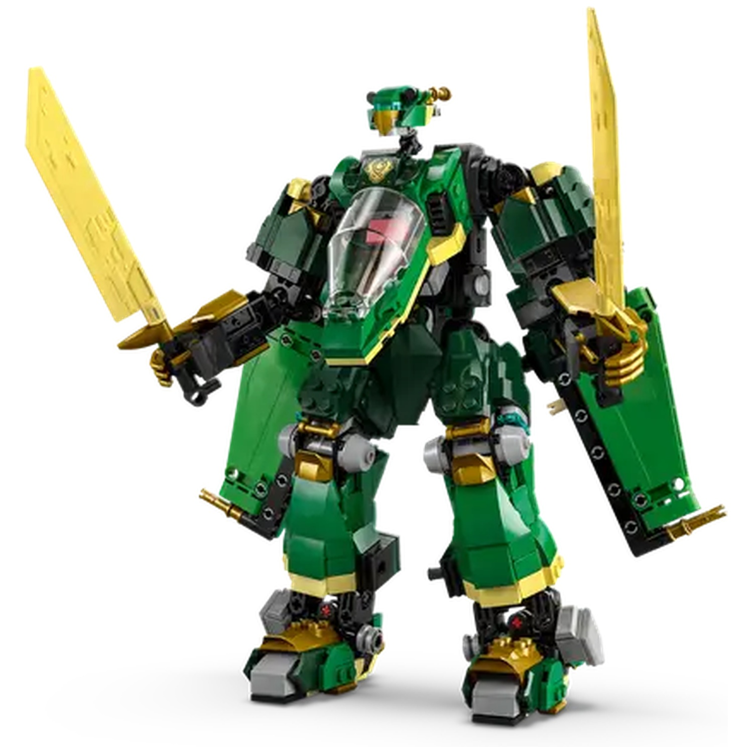 A Lego mech figure stands, green and gold, with two gold swords. It has a cockpit and wing-like structures.