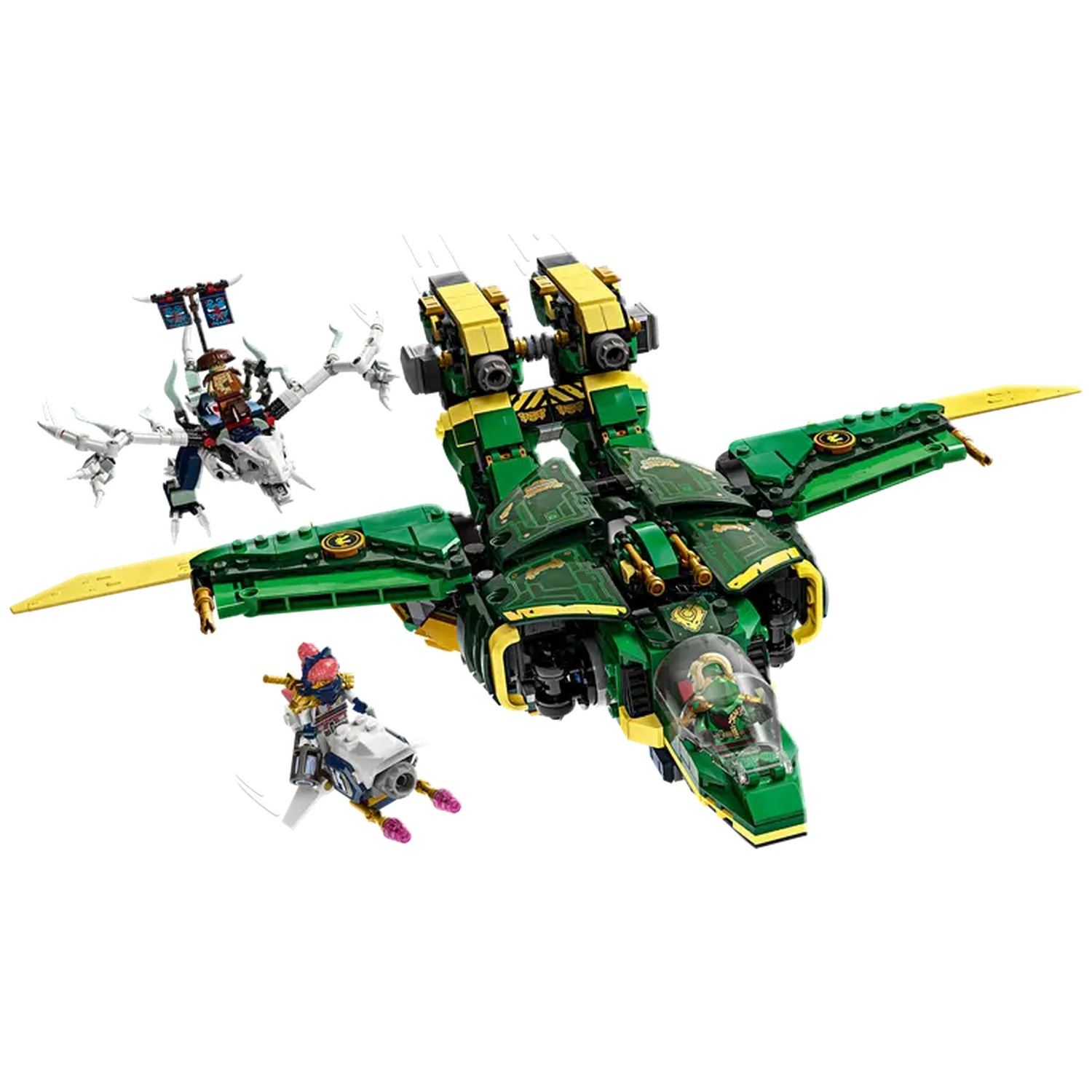 A green and yellow Lego jet with characters riding smaller vehicles. A white dragon and a small white jet are included.