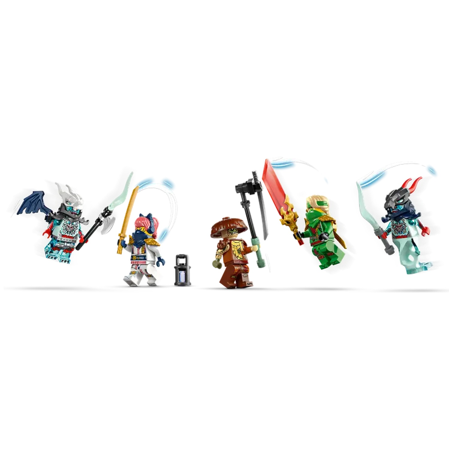 LEGO Ninjago figures in action pose, wielding weapons. Figures are in various colors: white, green, brown, and blue with a white background.