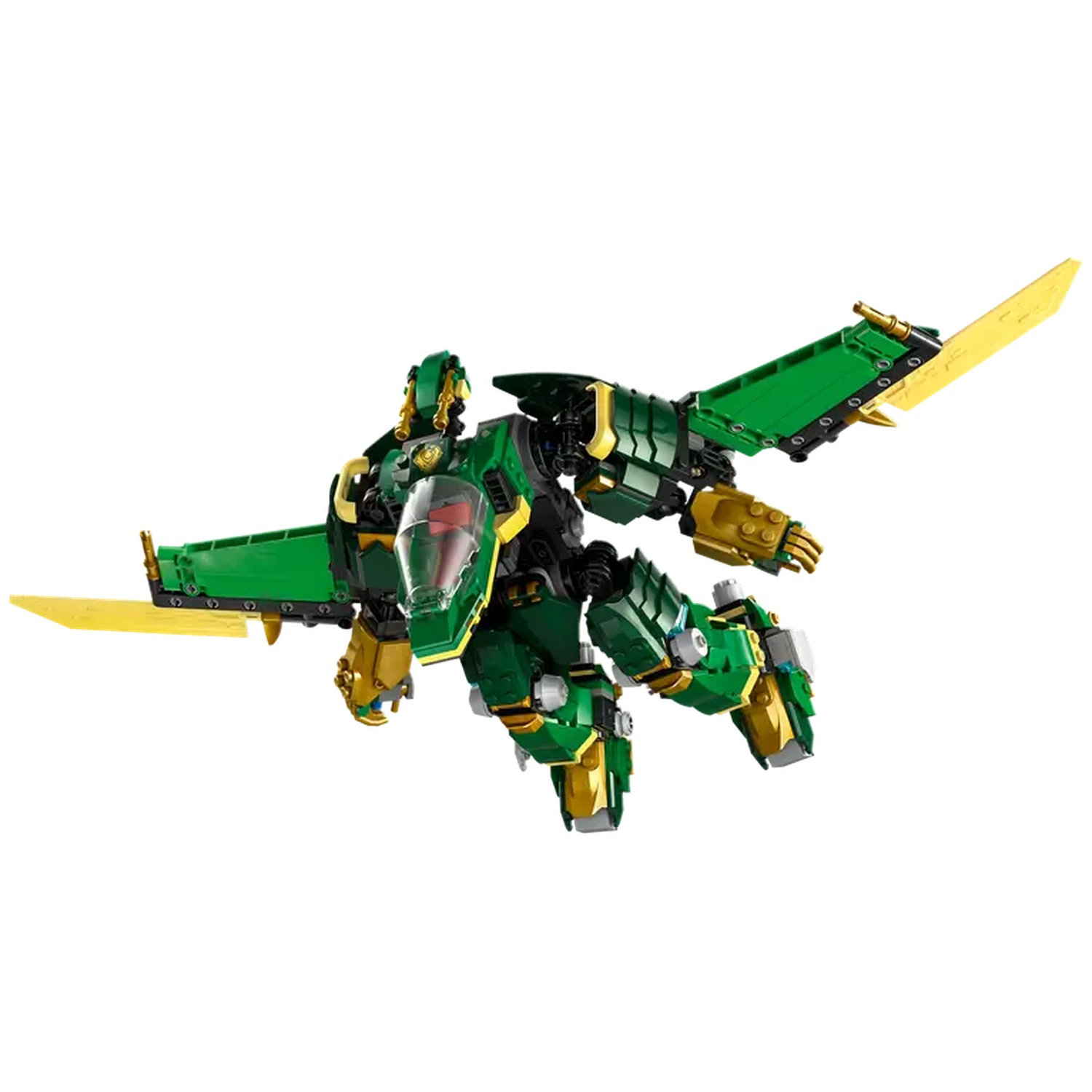 A green and gold Lego aircraft with wings and yellow blades. It has a cockpit and is set against a white background.