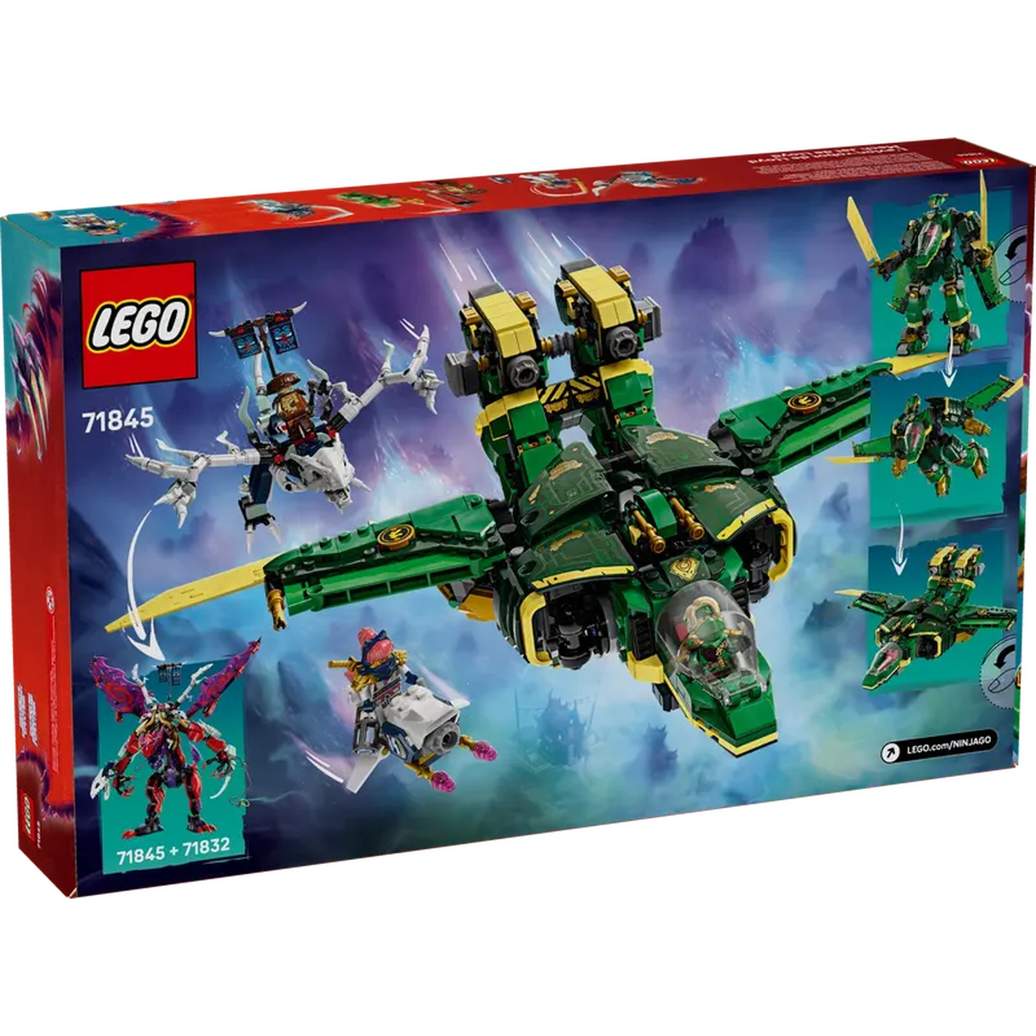 Lego Ninjago box with a green and gold jet, figures, and logos. The background has a purple and blue design with other characters.