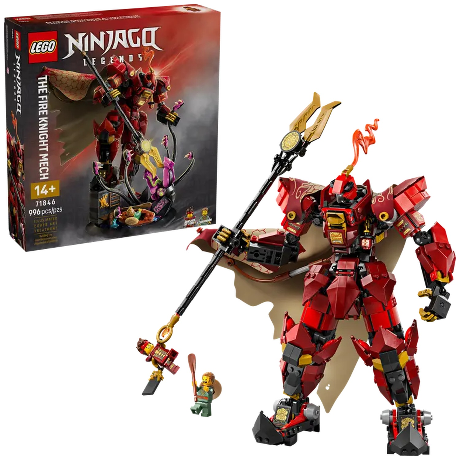 A Lego Ninjago set featuring a red mech with a spear, box shows the mech and minifigures. Set name: The Fire Knight Mech.