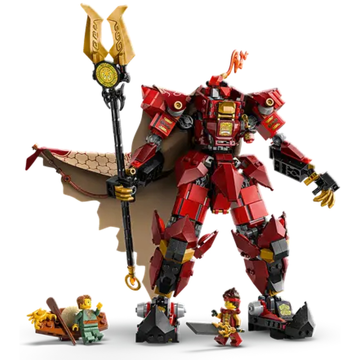 A Lego set featuring a red robot with a golden spear, a small boat, and two Lego figures, on a white background.