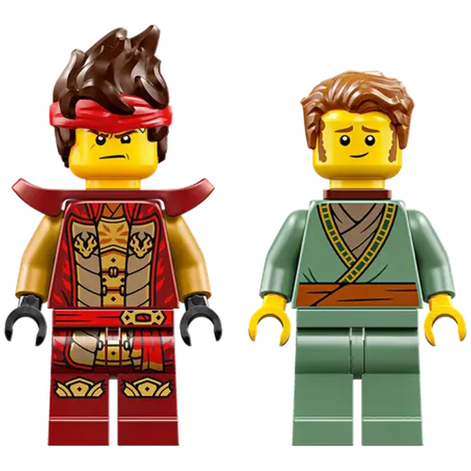 Two Lego Ninjago figures stand side by side. One in red armor and the other in green. Both have yellow skin, black hands, and brown hair.