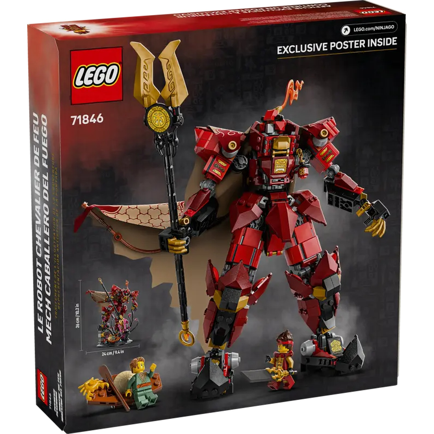 Lego box shows a red mech toy with golden accents, figures, and accessories. The box has text in multiple languages.
