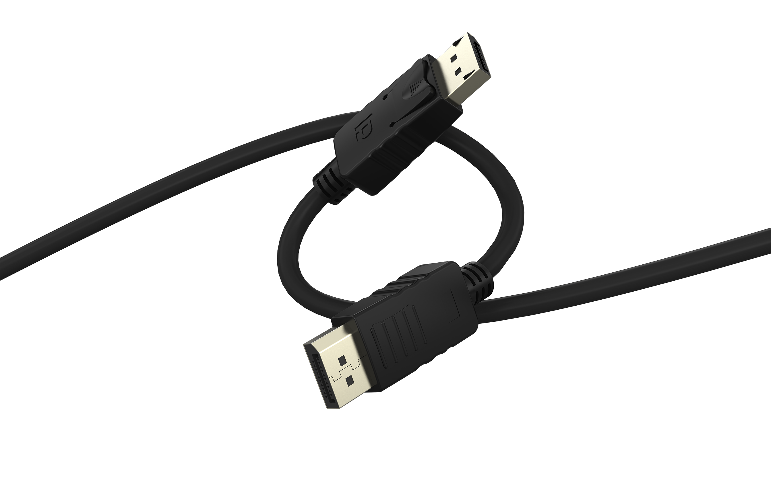 Czarny kabel DisplayPort ze złączami na każdym końcu. Złącza są czarne ze srebrnymi pinami.