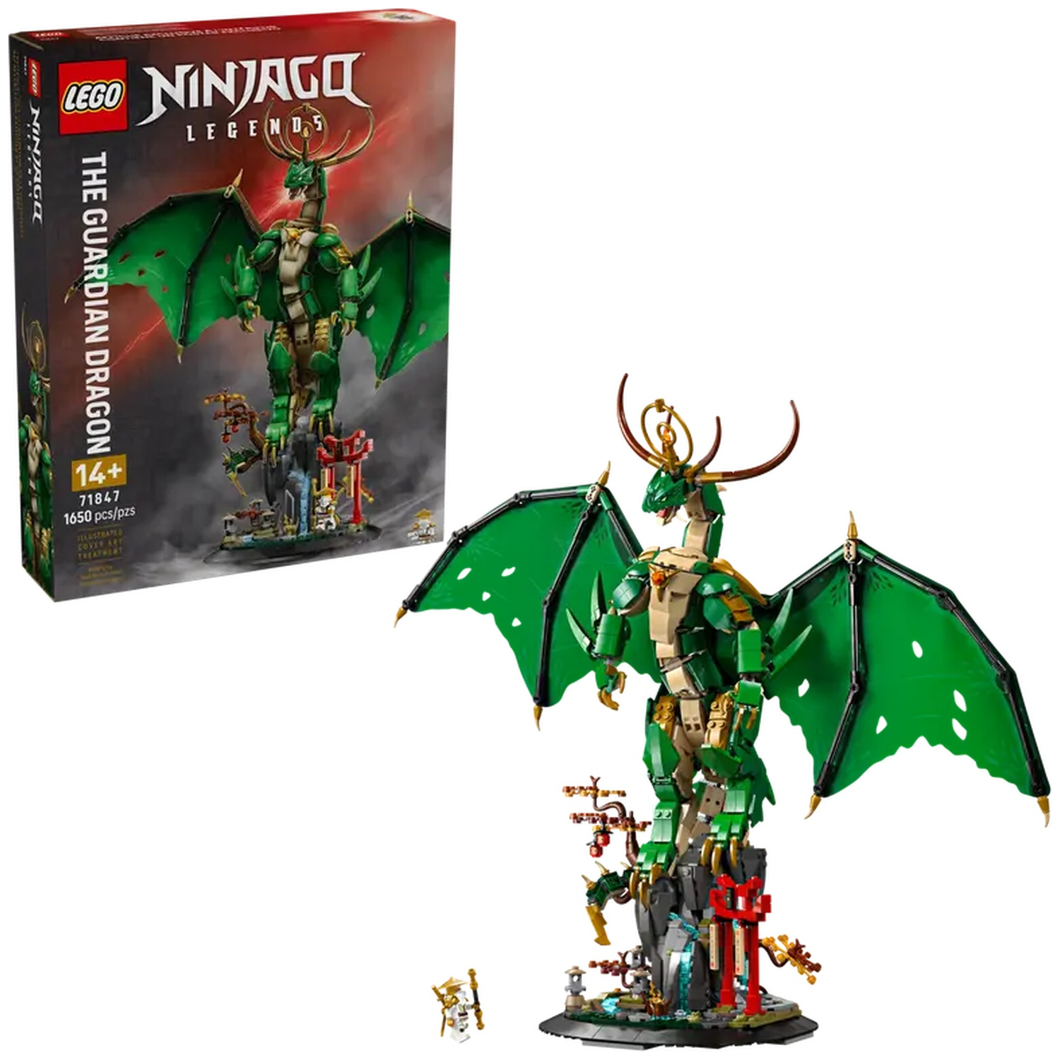 Un ensemble Lego Ninjago, The Guardian Dragon. Il présente un dragon vert, une petite figurine et une boîte avec l'image de l'ensemble.