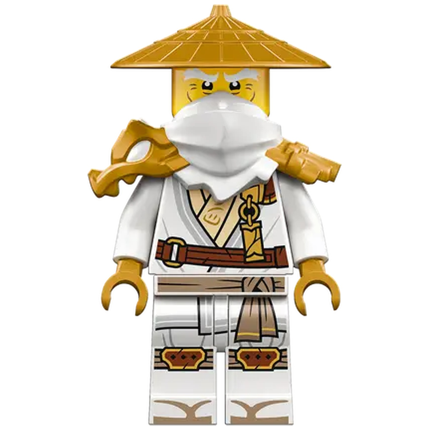 Une figurine Lego de maître ninja. Il porte une tenue blanche, un chapeau doré et a une barbe blanche. La figurine est centrée.
