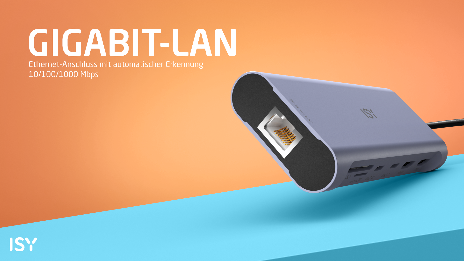 Adapter Gigabit-LAN, pochylony w prawo, z portem Ethernet i różnymi innymi portami, na tle pomarańczowo-niebieskiego gradientu.