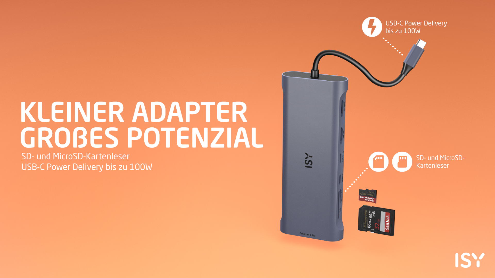Szara przejściówka z kablem USB-C. Zawiera czytniki kart SD i zasilanie USB-C do 100 W. Tło jest pomarańczowe.