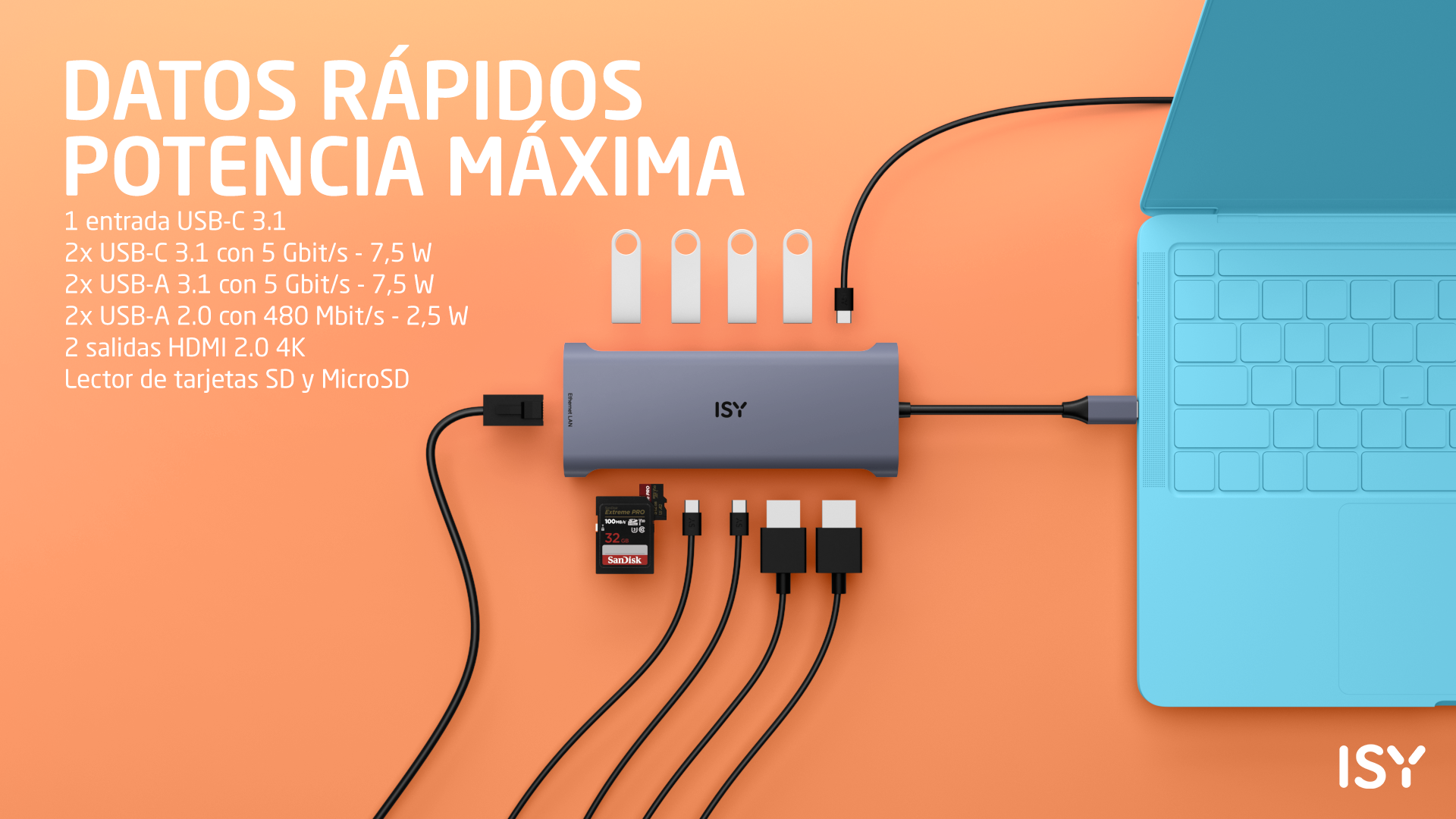 Niebieski laptop podłączony do szarego huba z portami i kartą pamięci na pomarańczowym tle.