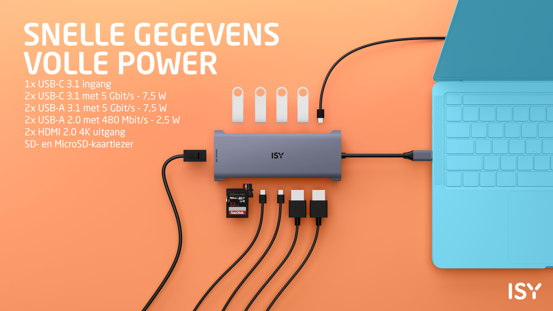 Niebieski laptop podłączony do szarego huba ISY z kilkoma portami i akcesoriami na pomarańczowym tle.