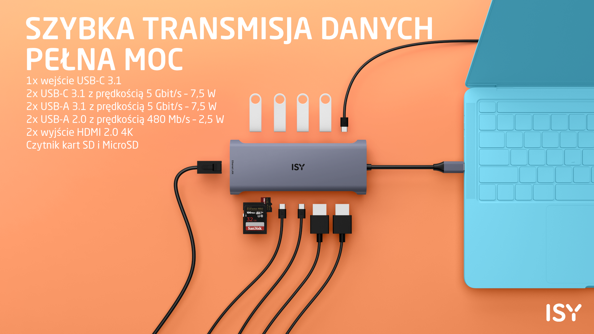 Niebieski laptop podłączony do szarego huba ISY z wieloma portami i kablami, wszystko na pomarańczowym tle.