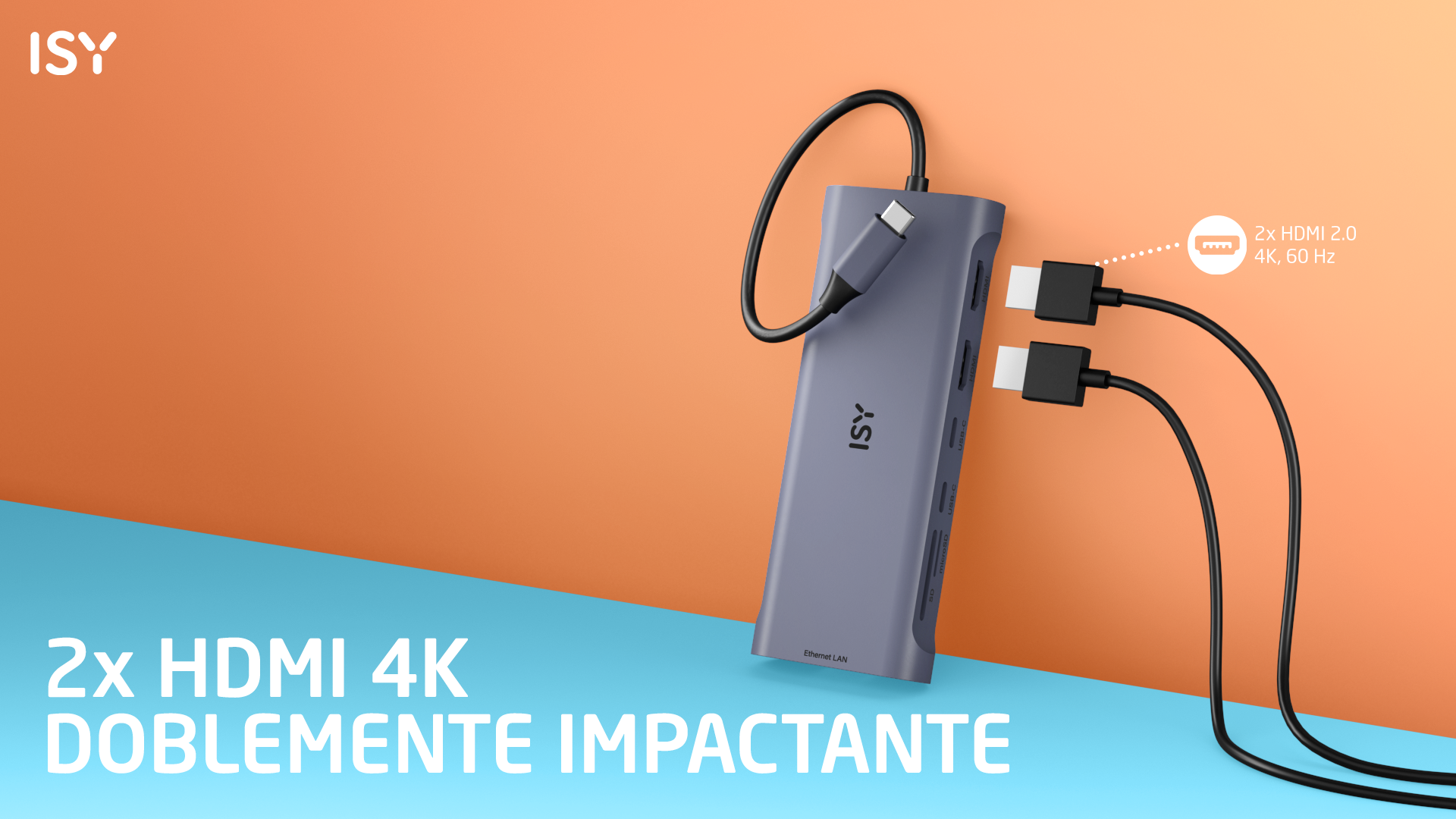 Fioletowy hub ISY z podłączonymi czarnymi kablami na pomarańczowo-niebieskim tle. Tekst: 2x HDMI 4K.