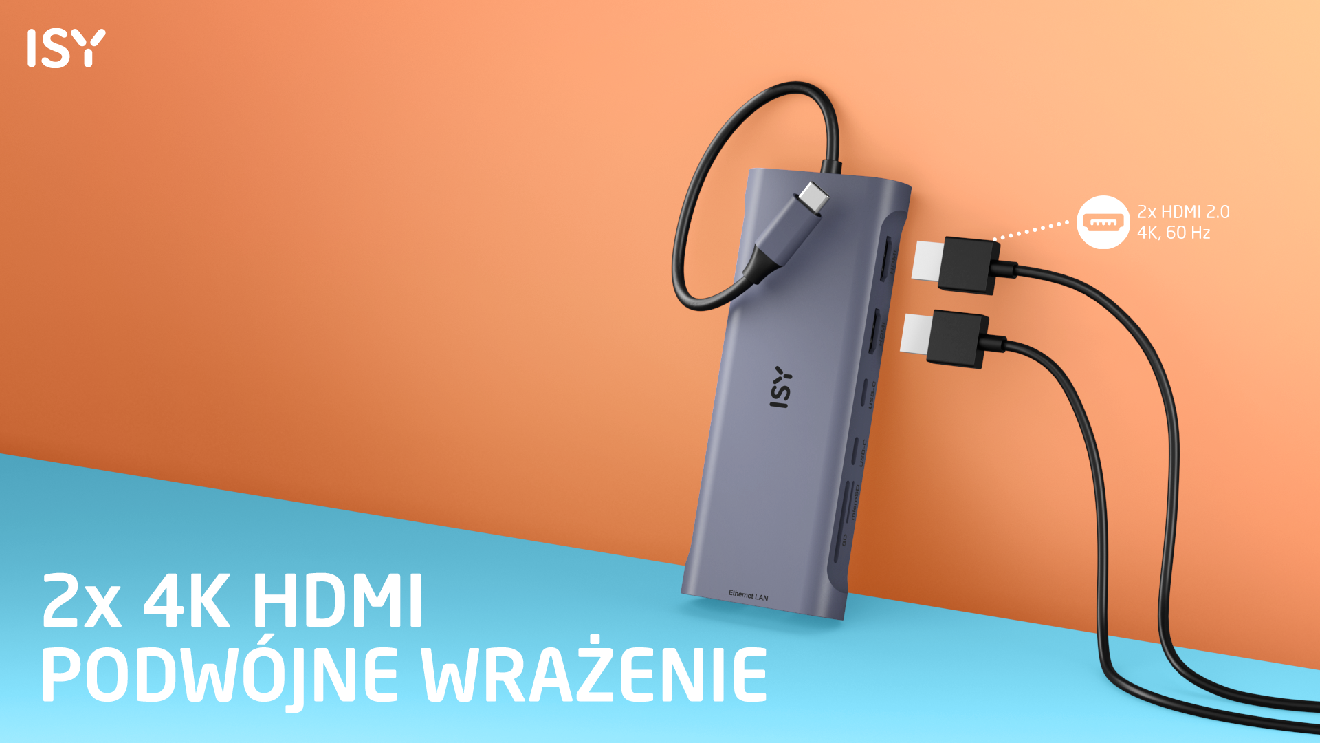 Fioletowy hub ISY z dwoma portami HDMI, dwoma czarnymi kablami i tekstem wskazującym 2x 4K HDMI.