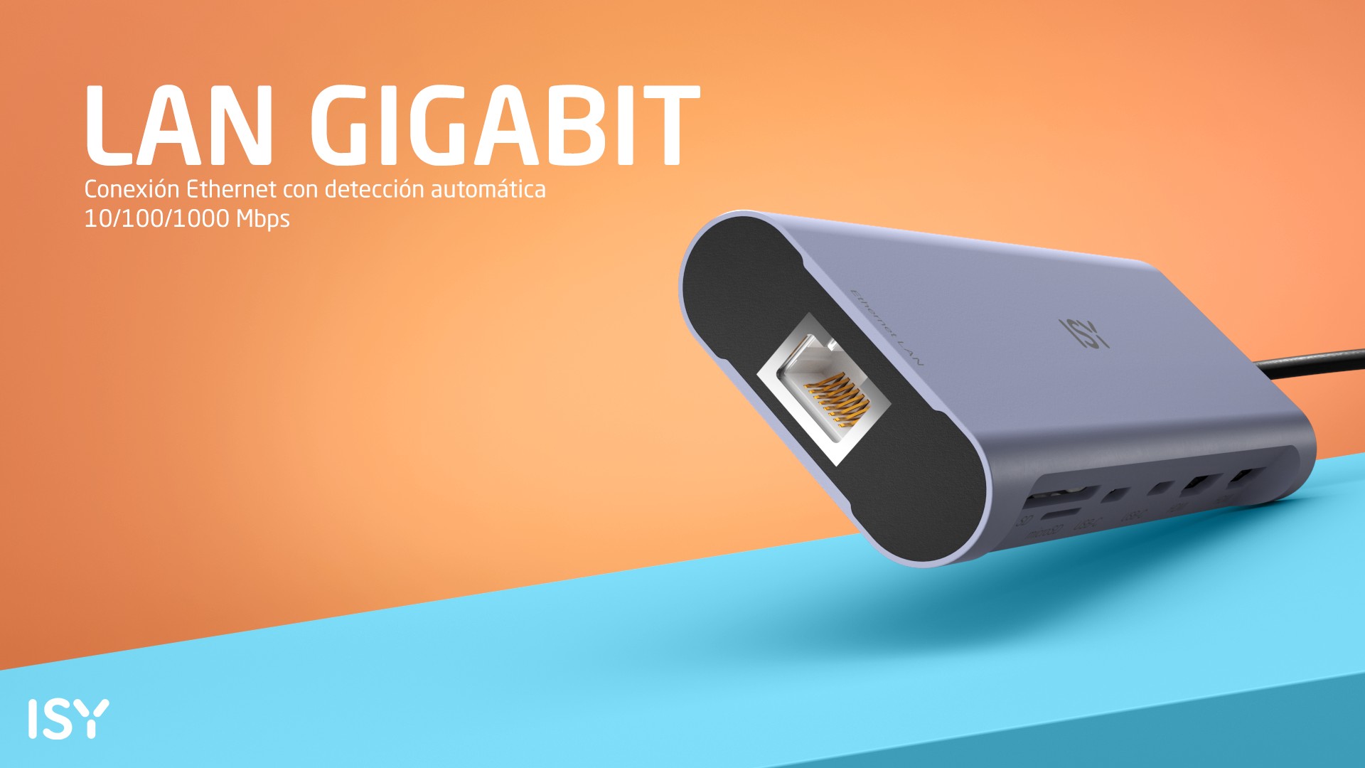 Adapter Ethernet LAN Gigabit w szarej obudowie z widocznym portem Ethernet. Tekst: LAN Gigabit, 10/100/1000 Mb/s.