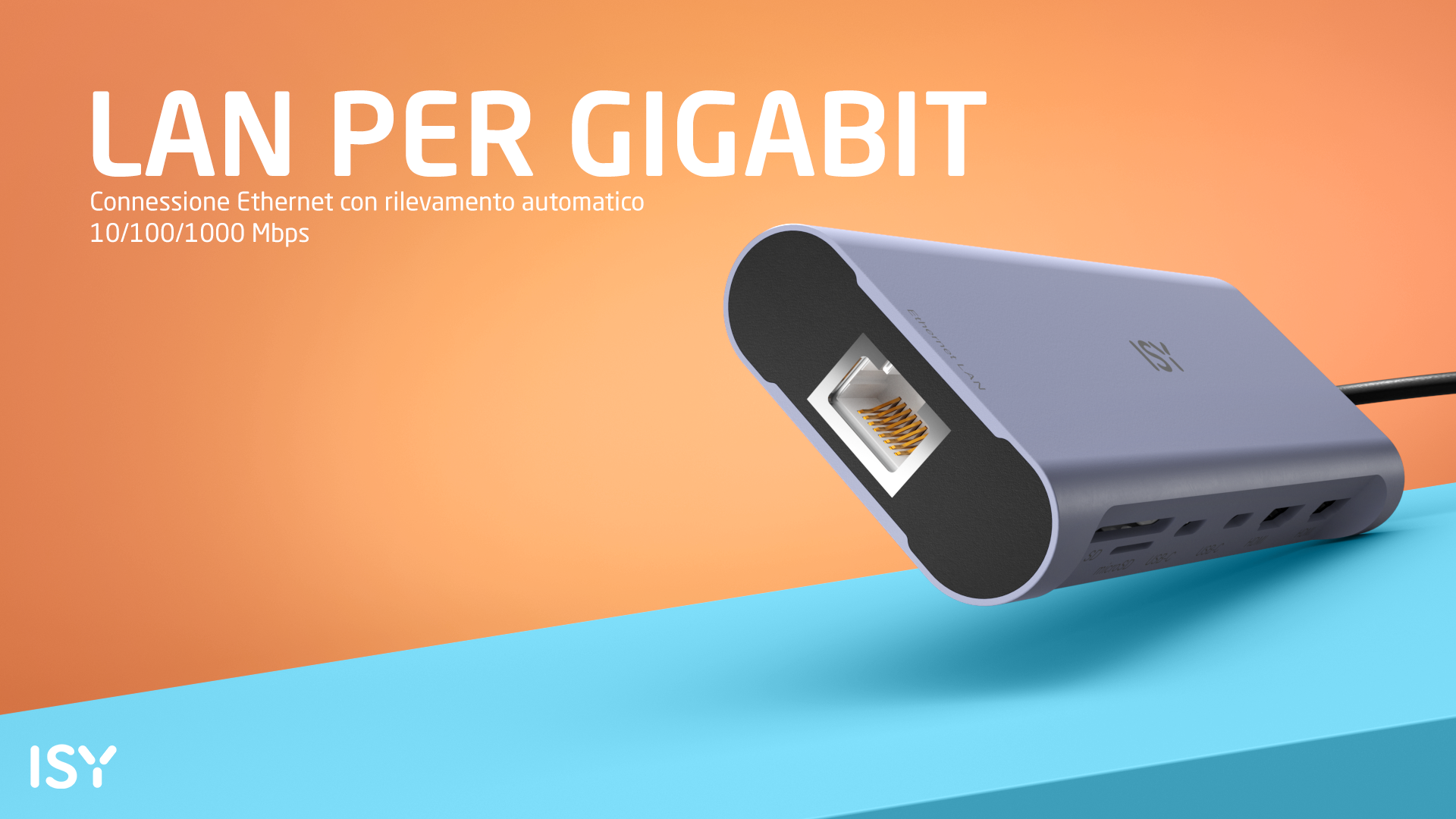Wyświetlane jest urządzenie LAN Gigabit z portem Ethernet, z tekstem 'LAN PER GIGABIT' i pomarańczowo-niebieskim tłem.