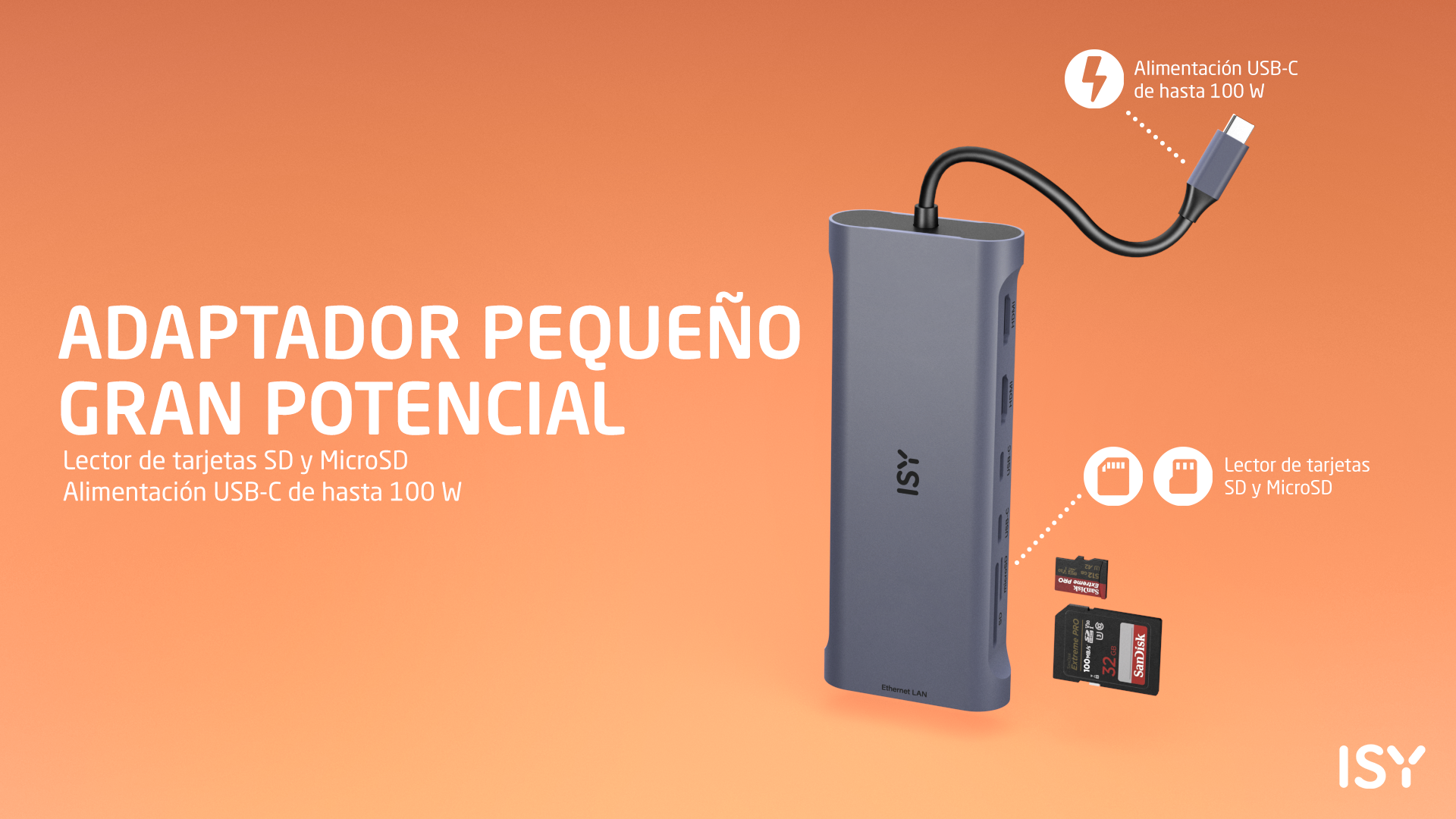 Adapter z czytnikiem kart SD i portem USB-C oraz karty SD. Tekst: 'ADAPTADOR PEQUEÑO GRAN POTENCIAL'.