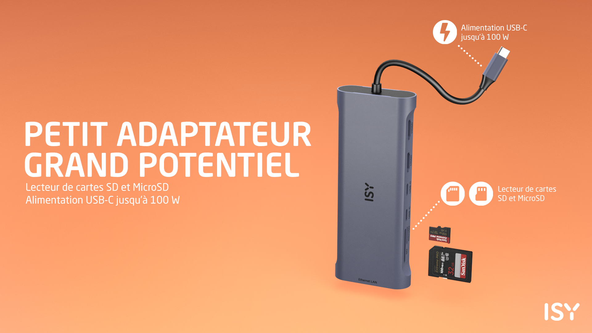 Szary adapter z kablem USB-C, kartą SD i kartą MicroSD na pomarańczowym tle. Tekst: 'Petit adaptateur'.