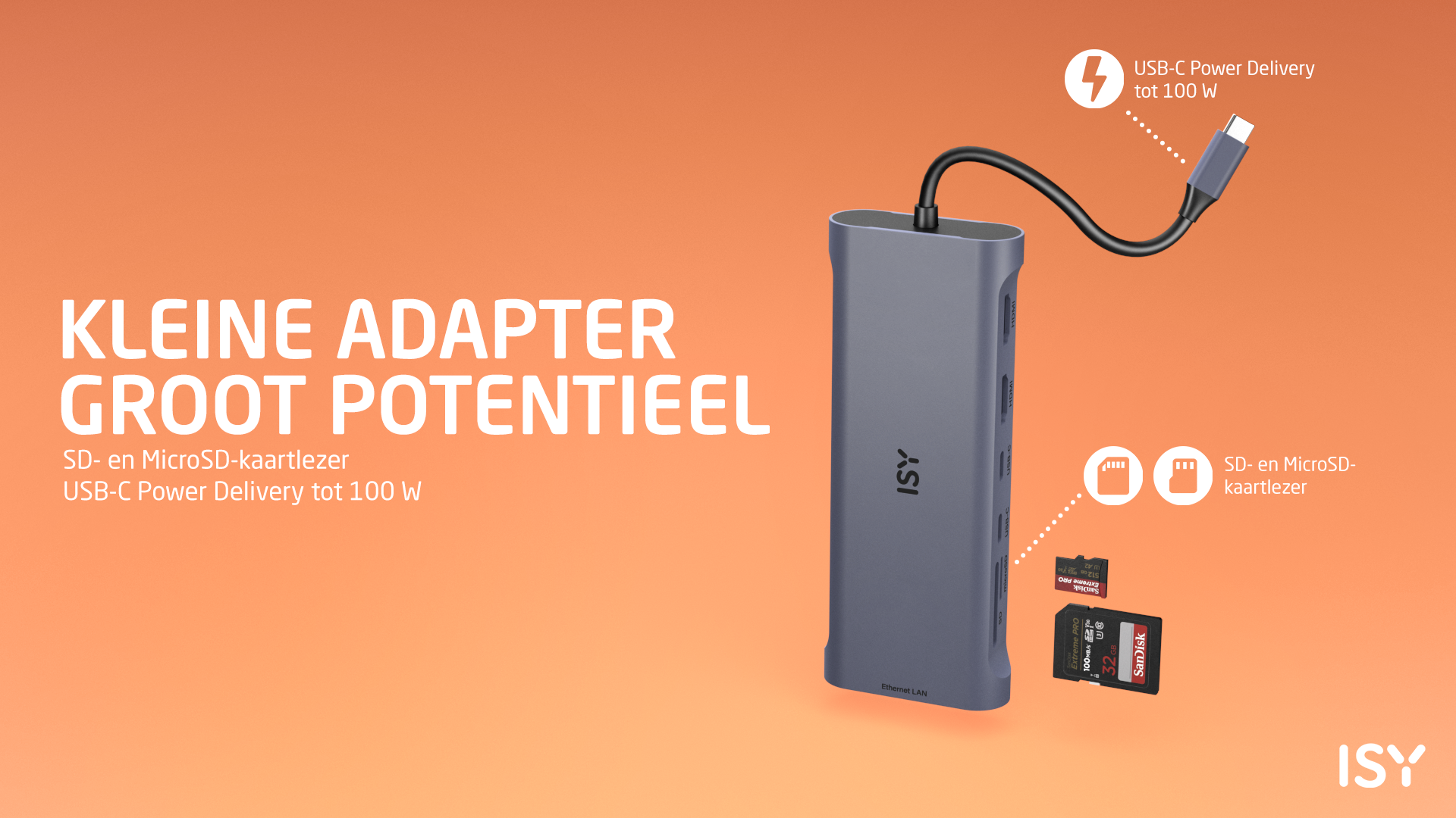 Adapter z czytnikiem kart SD, portem USB-C i Ethernet. Tekst: 'Kleine adapter groot potentieel'.