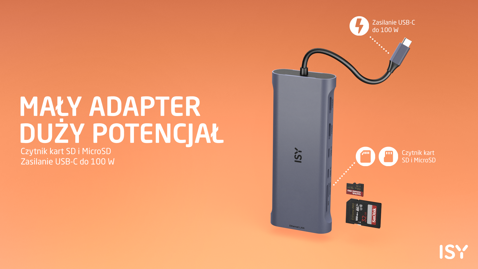 Adapter ISY z USB-C, czytnikiem kart SD/MicroSD i portem Ethernet. Zawiera kartę SD SanDisk i kabel USB-C.