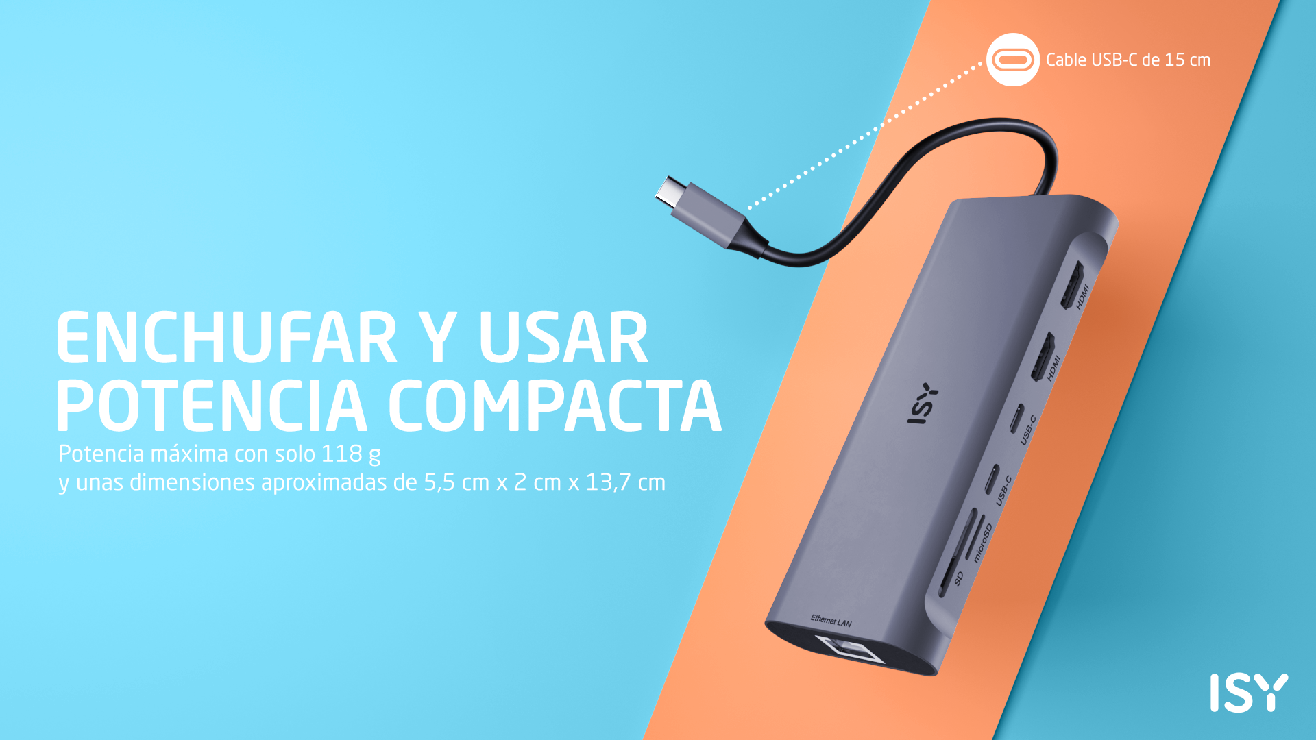 Szary hub ISY z kablem USB-C, na niebieskim i pomarańczowym tle, tekst w kolorze białym: podłącz i używaj, kompaktowa moc.