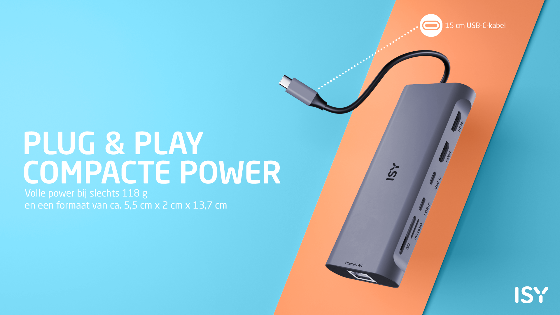 Szary hub USB ISY z podłączonym kablem i tekstem: Plug & Play Compact Power. Niebieskie i pomarańczowe tło.