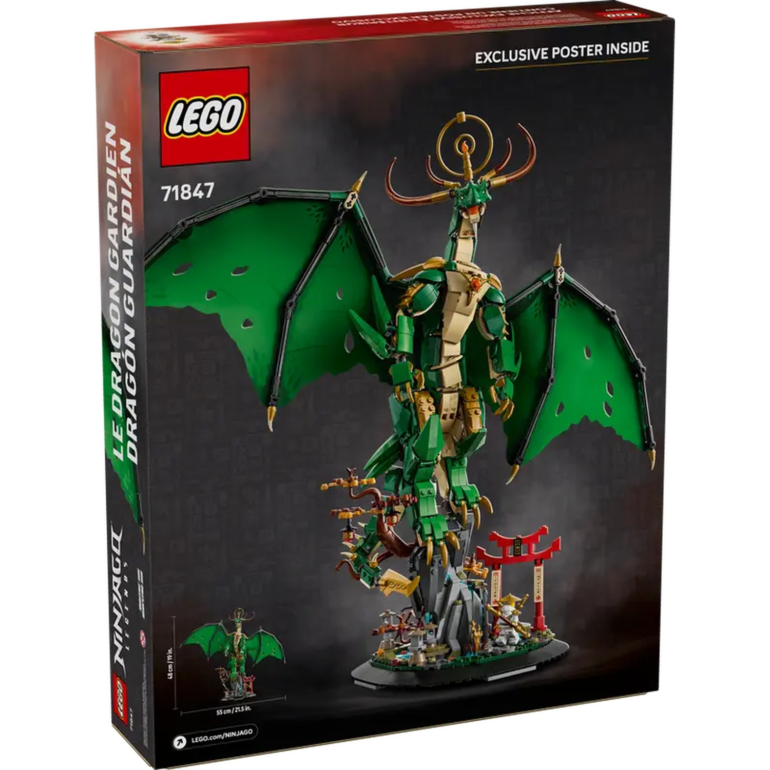 Boîte du set Lego 71847, Le Gardien du Dragon. Elle montre le set du dragon avec des ailes vertes, des accents dorés et une base détaillée.