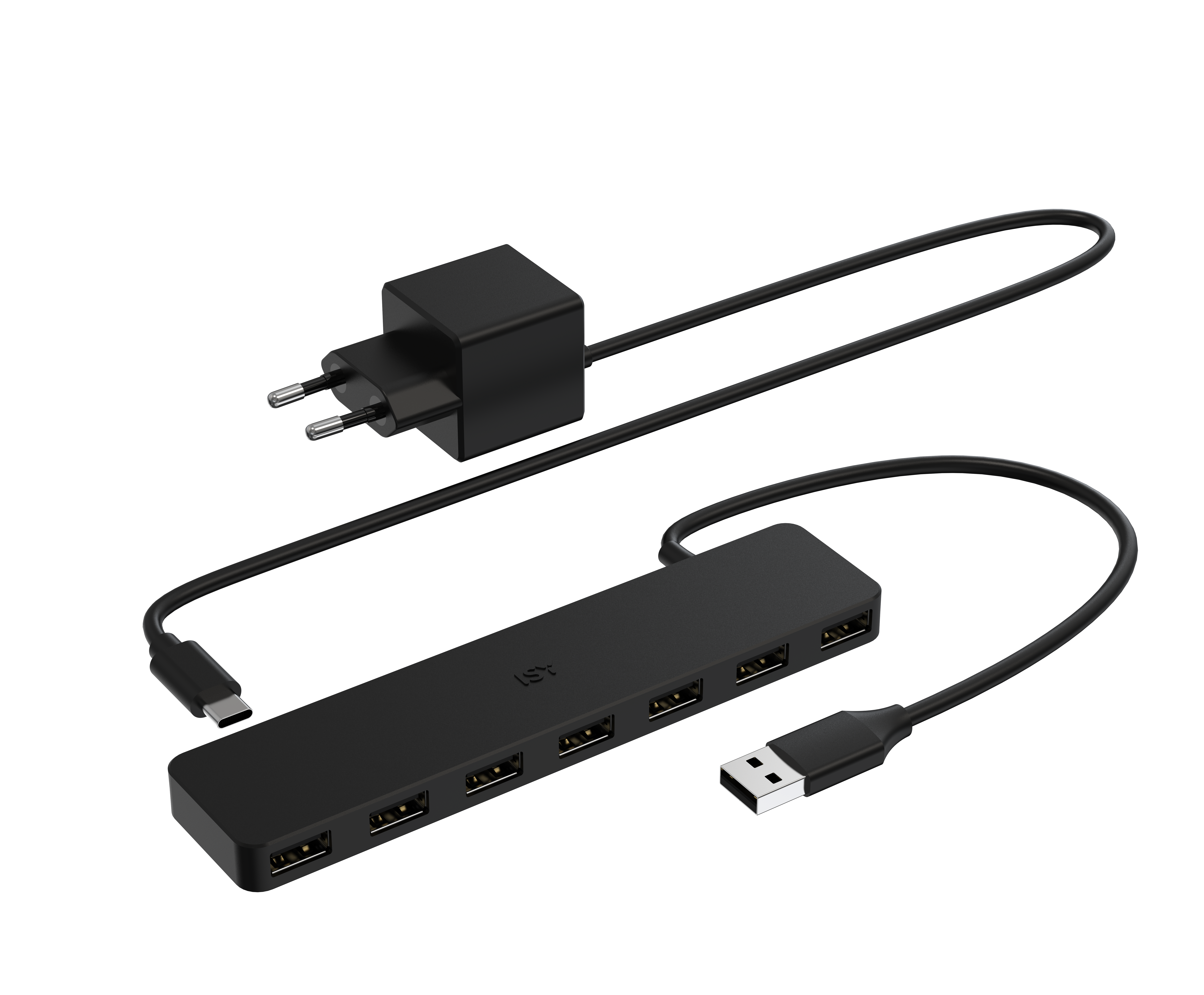 Czarny hub USB z zasilaczem. Zawiera kable USB-C i USB-A do łączności i zasilania.