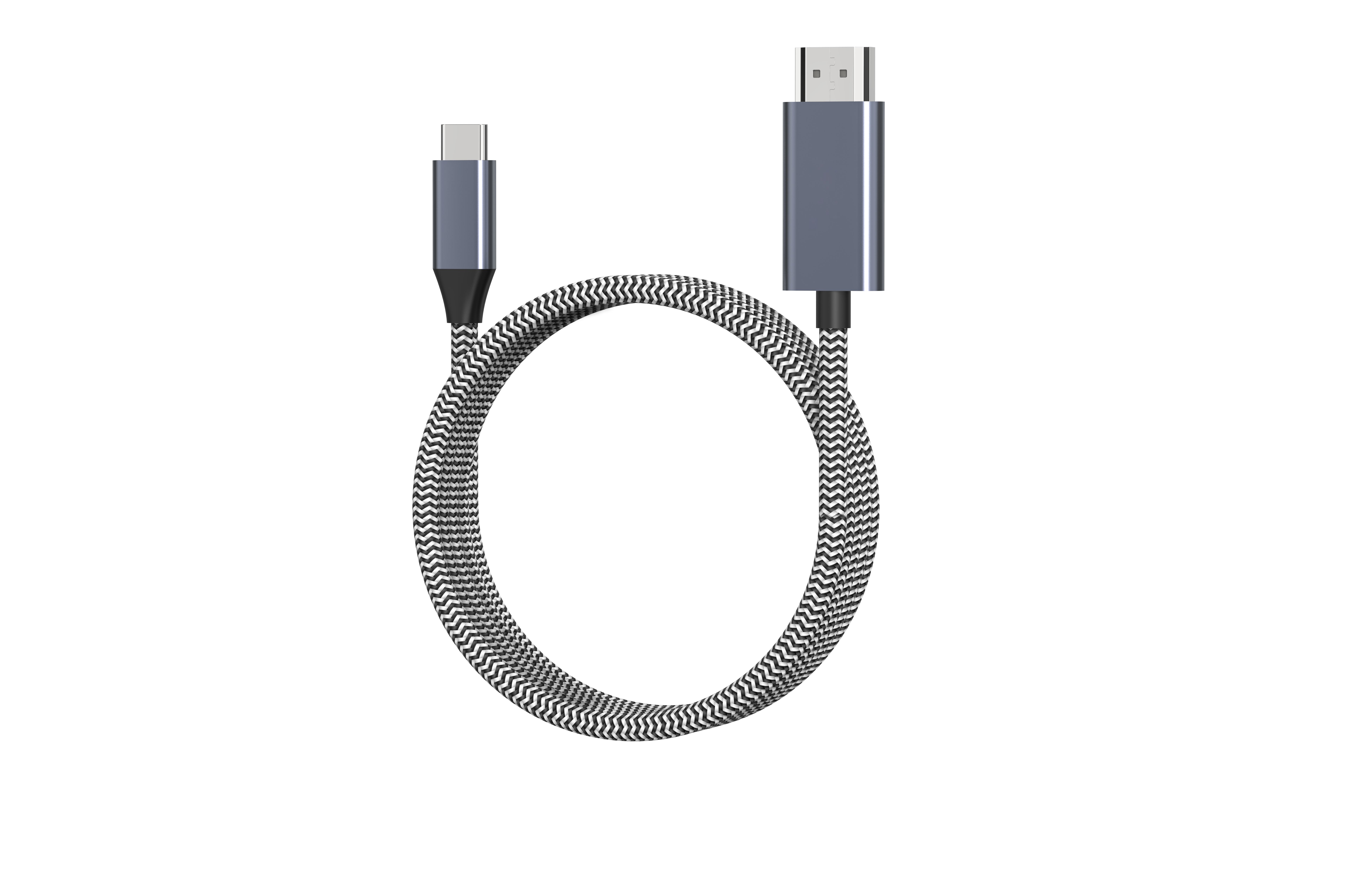 Kabel HDMI do USB-C, z czarno-białym zygzakowatym wzorem. Złącza są szare.