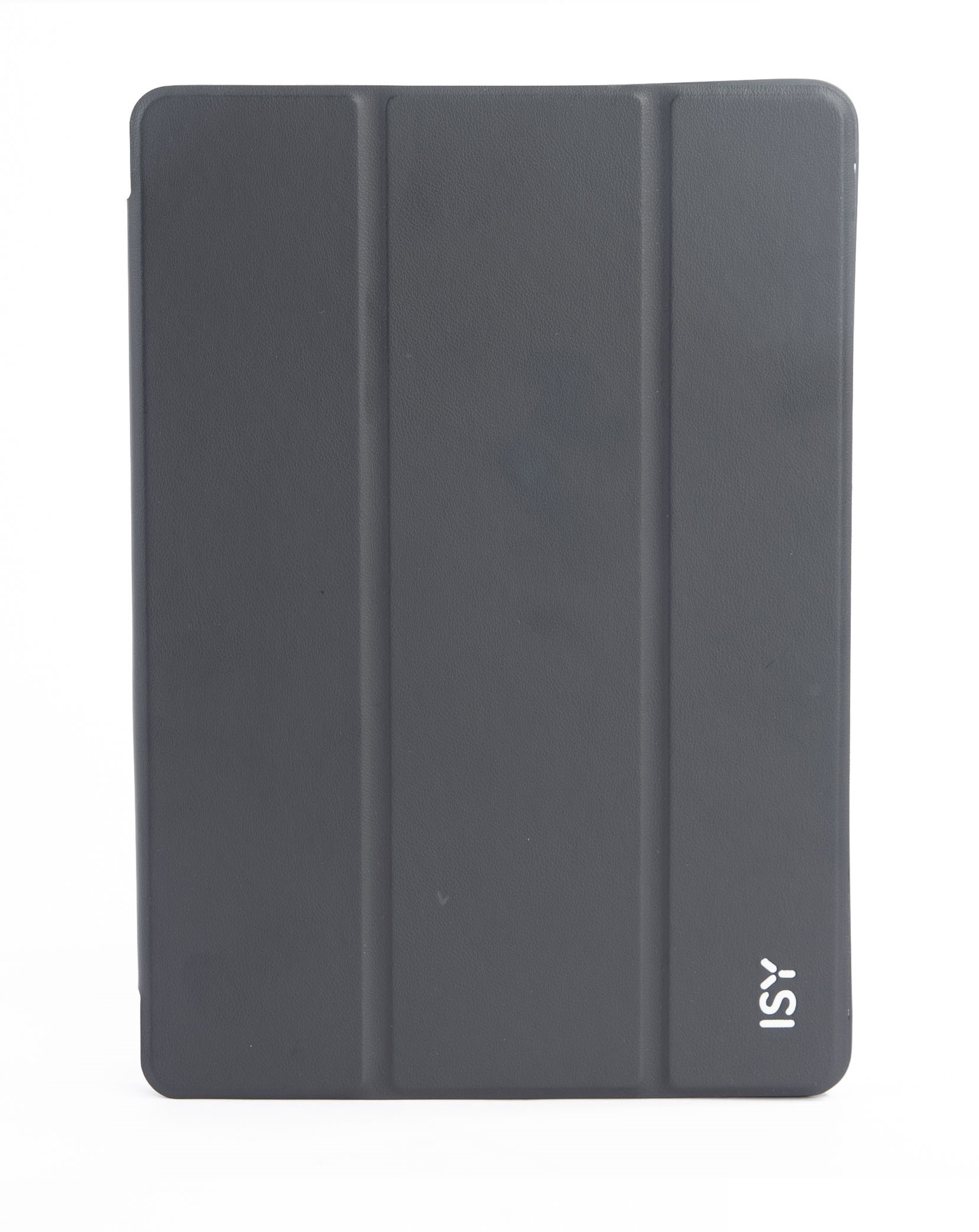 Ciemnoszare etui na tablet z trzema pionowymi zagięciami i białym logo ISY na białym tle.