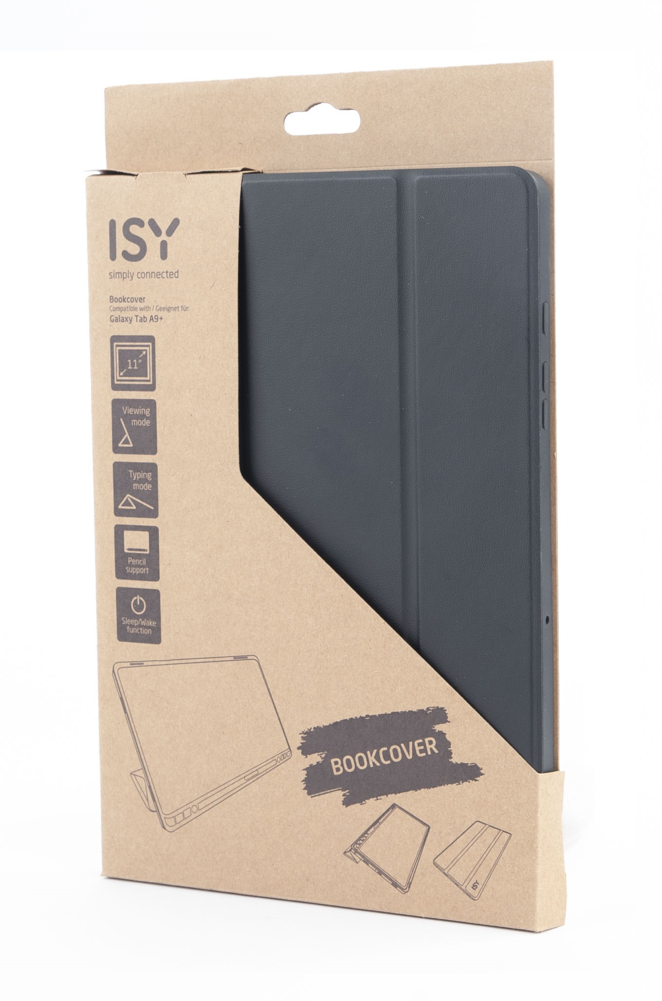 Etui na tablet w kartonowym pudełku. Etui jest ciemnoszare, pudełko brązowe z tekstem i ilustracjami.
