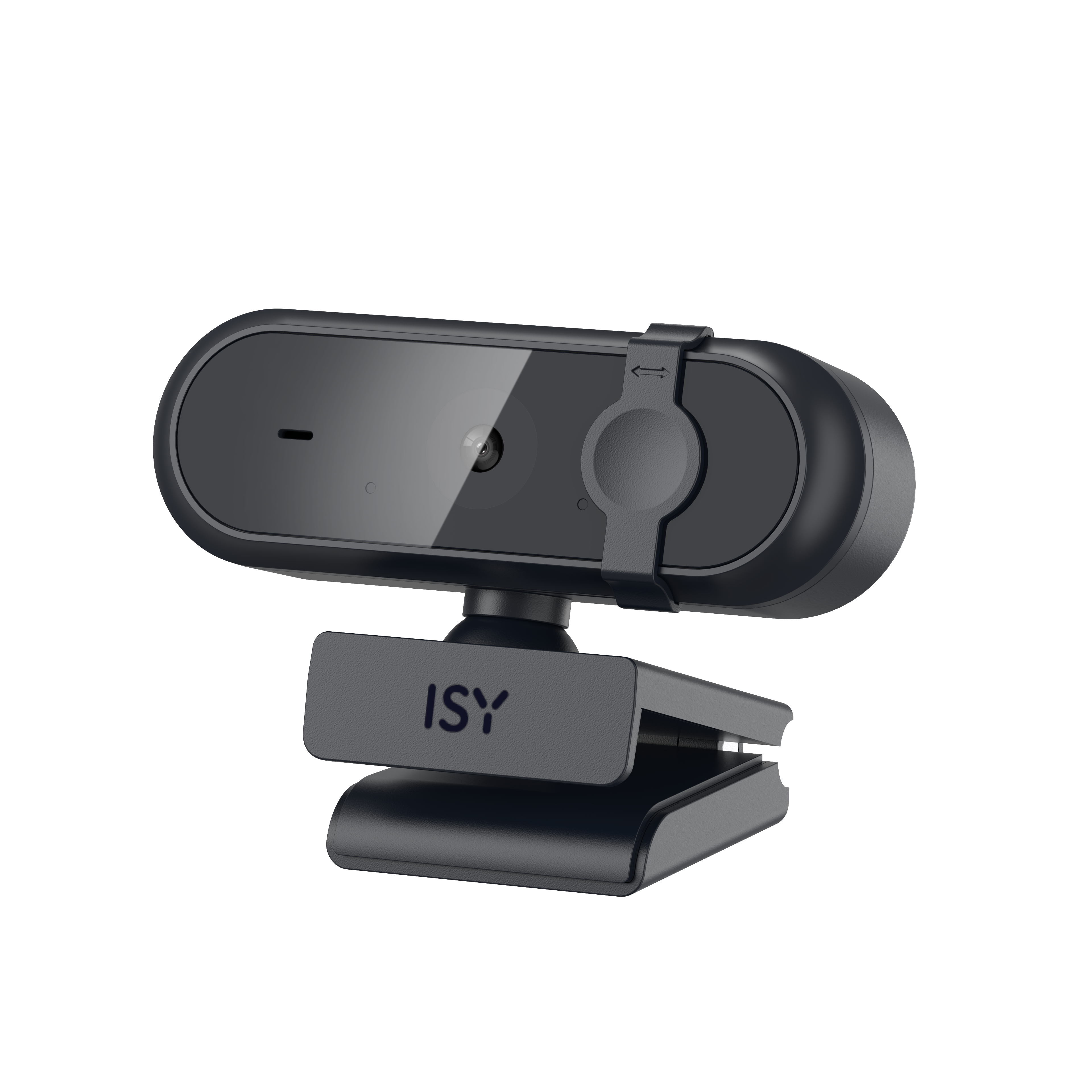 Czarna kamera internetowa ISY jest wyśrodkowana na czarnym tle. Kamera ma obiektyw i podstawę z klipsem.