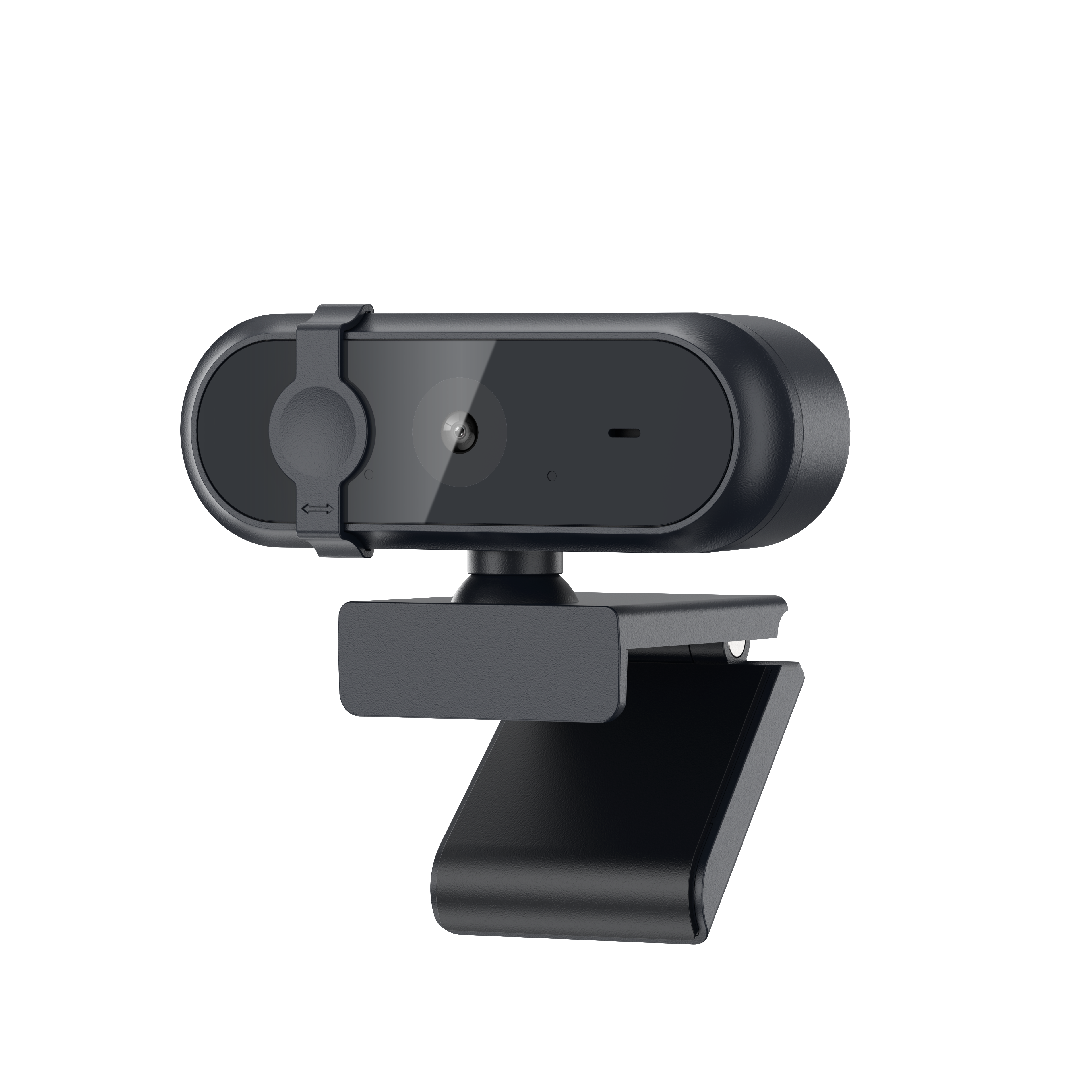 Czarna kamera internetowa na czarnym stojaku. Ma obiektyw i osłonę prywatności. Tło jest czarne.