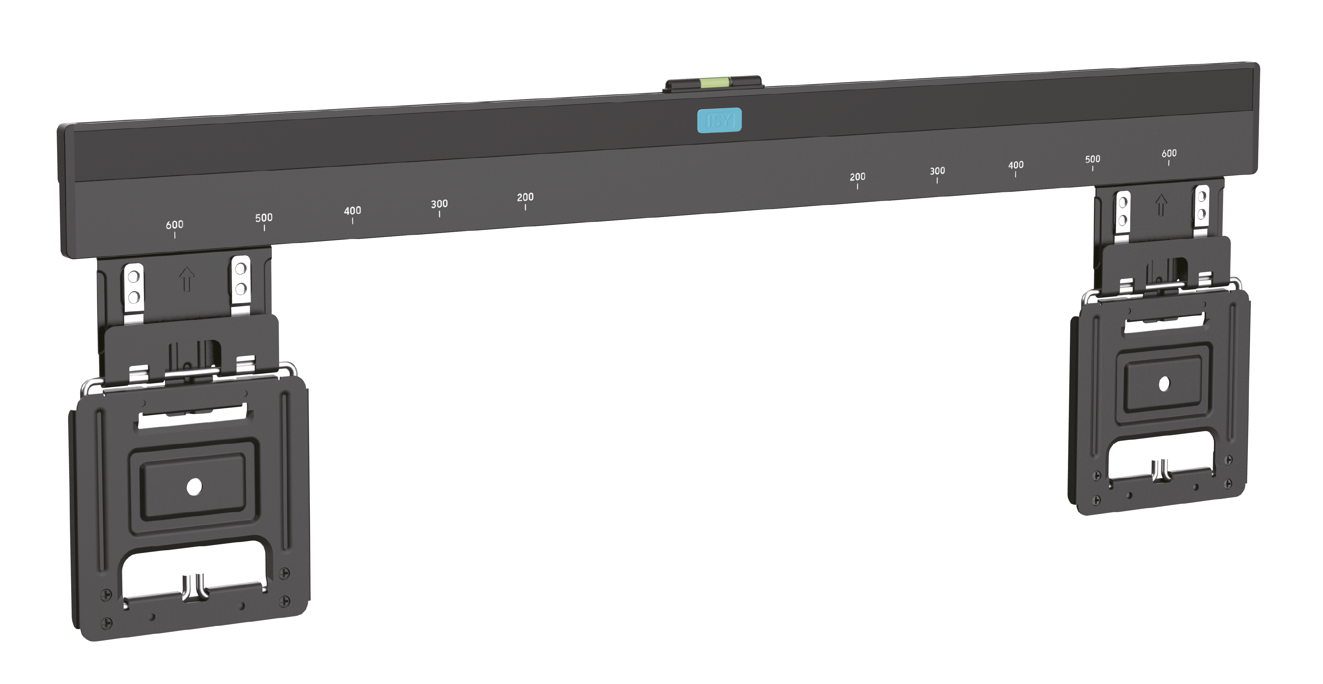 Czarny uchwyt do telewizora ze znacznikami pomiarowymi i dwoma wspornikami. Poziomica widoczna na górze. Numery wskazują pomiary.